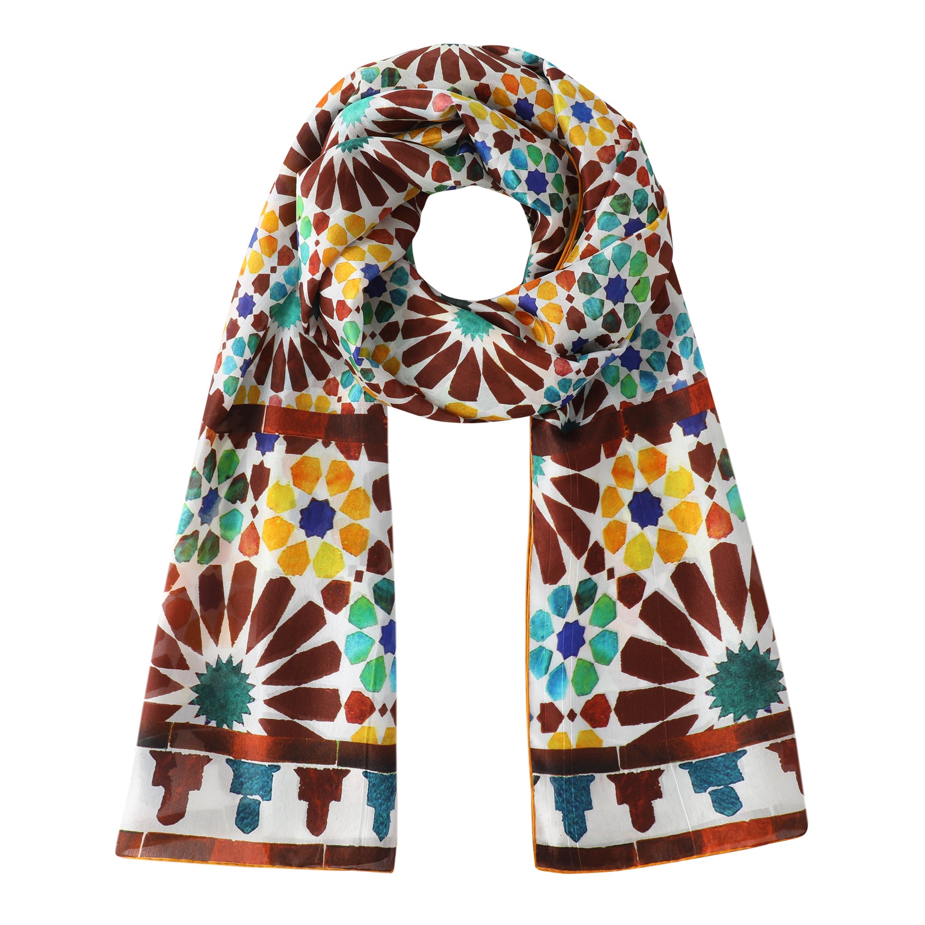 The Brown and Yellow Silk Scarf Garnata, inspired by Islamic Art, features a geometric mosaic pattern in brown, yellow, blue, and green, displayed looped flat on a white background.