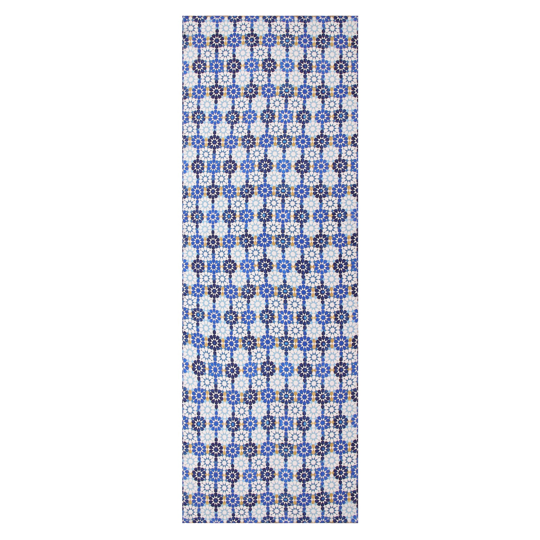 Blue Silk Scarf with Islamic Pattern DalAhorra features repeating blue, beige, and light brown geometric motifs inspired by Andalusian designs on a white background, evoking the elegance of classic silk fabrics.