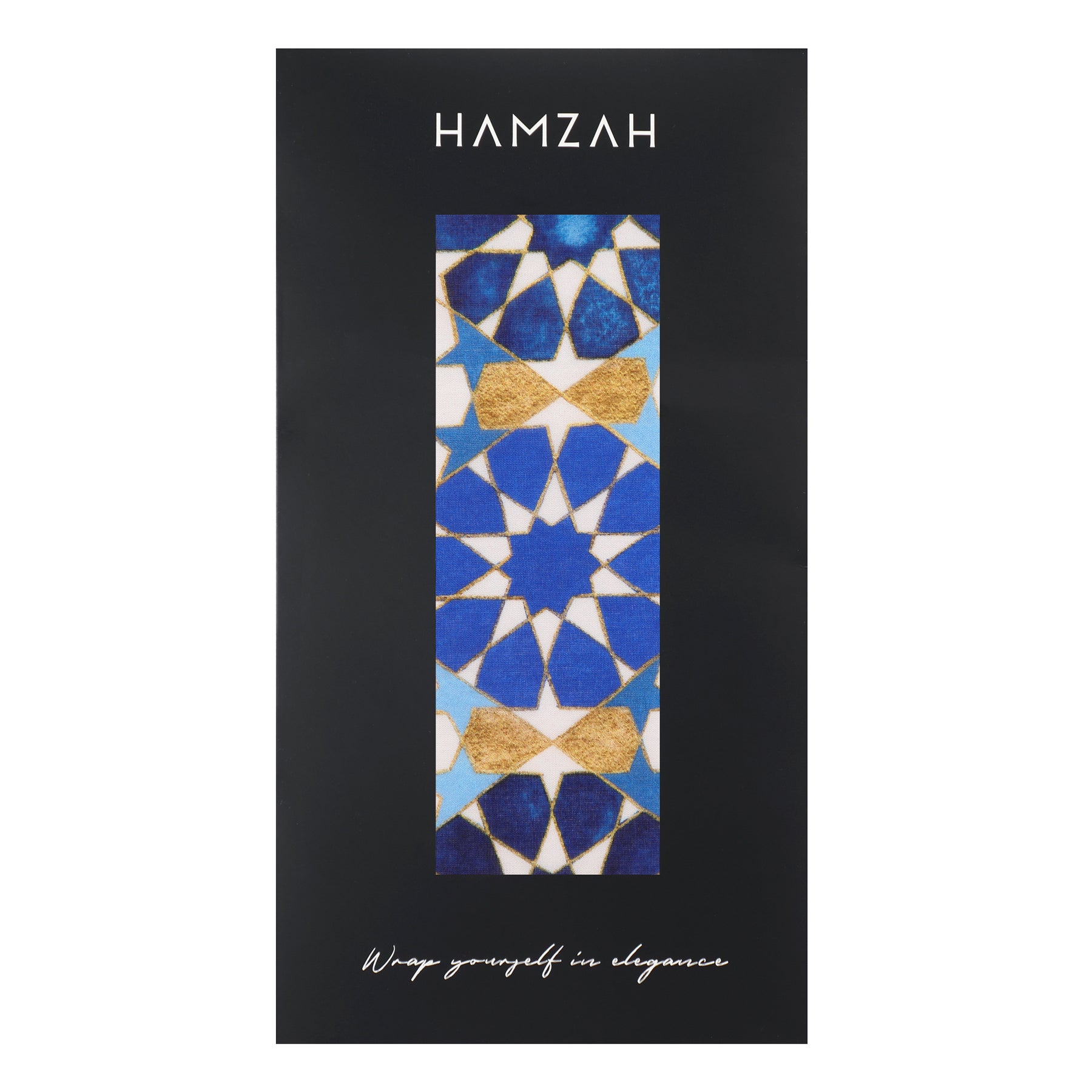 A black rectangular box with HAMZAH on top and "Wrap yourself in elegance" below. In the center is the Blue Silk Scarf with Islamic Pattern DalAhorra, featuring blue, gold, and white Andalusian geometric designs that evoke luxury and heritage.