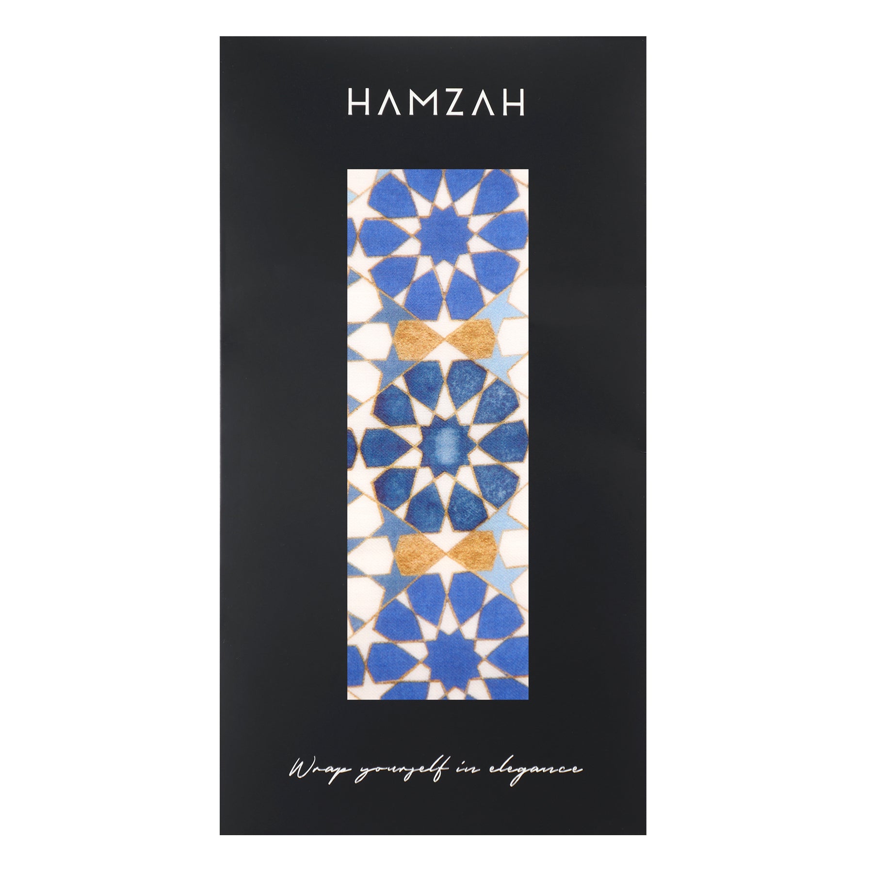 A black rectangular box with HAMZAH at the top features a bookmark with a geometric blue, white, and gold Islamic design.