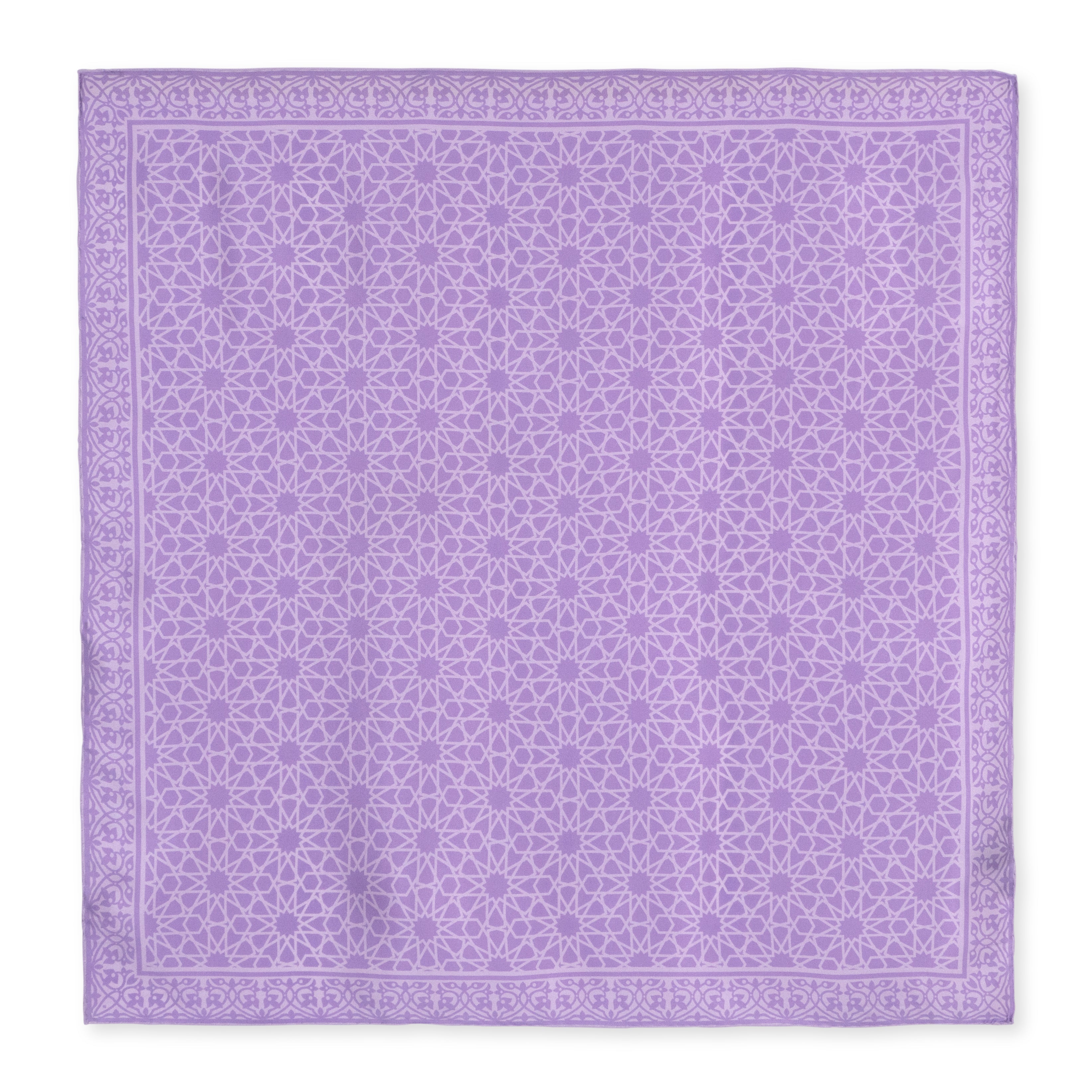 The Purple Silk Square Scarf Dalila features an intricate geometric pattern with interlocking stars and shapes in white, a decorative border, and luxurious finishing. The scarf is shown neatly laid flat on a white background.