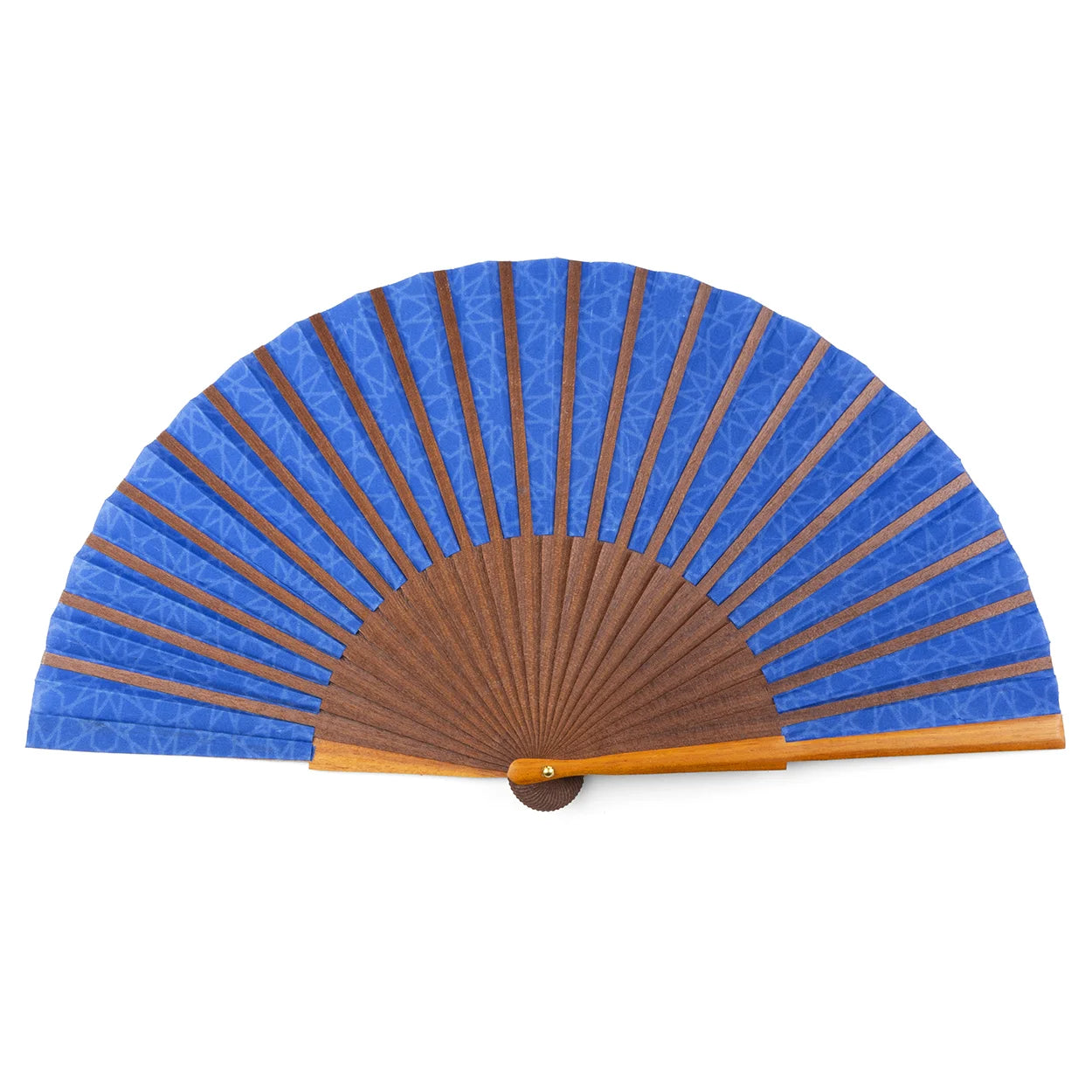 The Blue silk hand fan Dalila features brown wooden ribs and a blue silk leaf adorned with a subtle Spanish tile-inspired geometric pattern, unfolding in a classic semicircle.