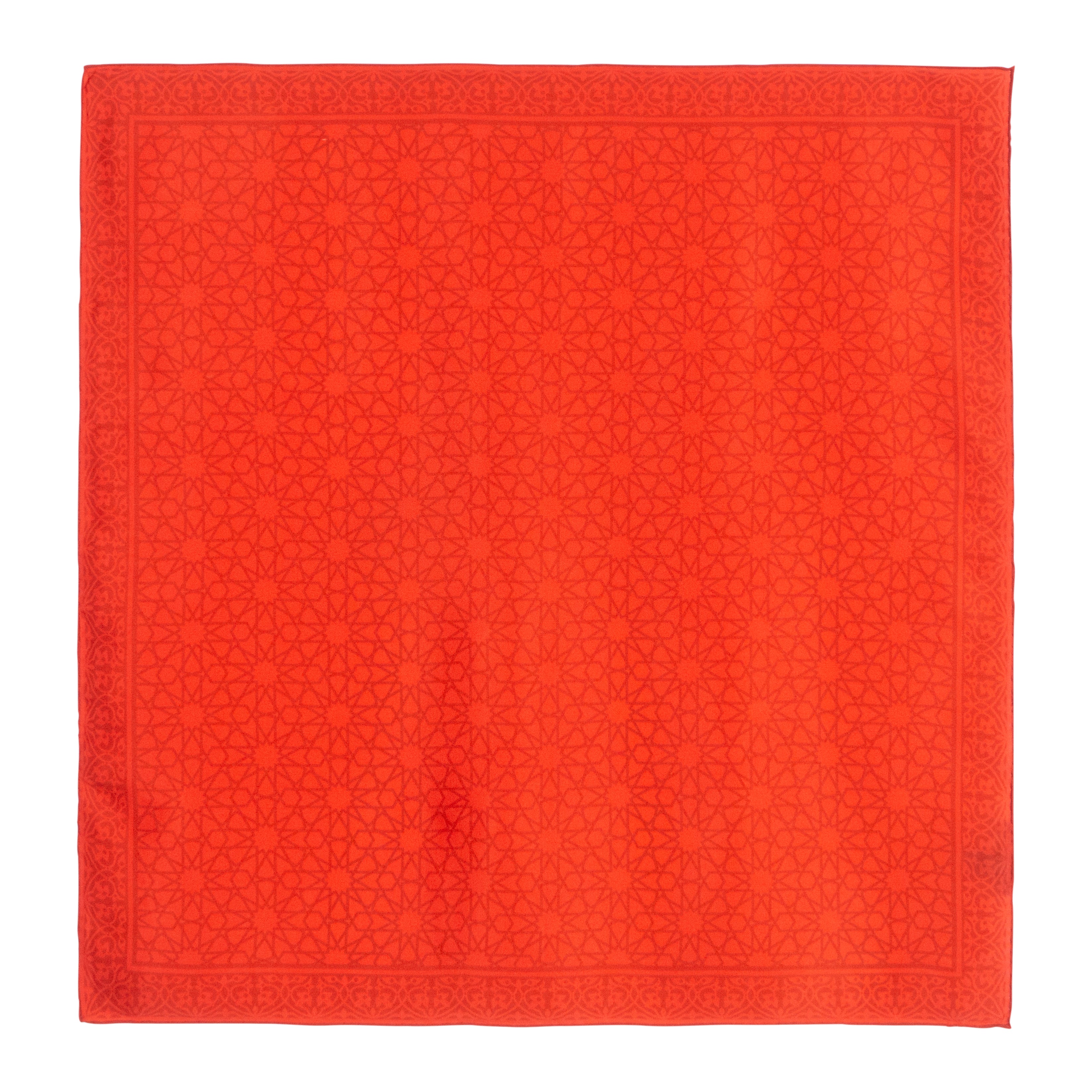 The Red Silk Square Scarf Dalila, handcrafted in Turkey, displays a subtle geometric star motif with a thin border, and is photographed laid flat on a white background.