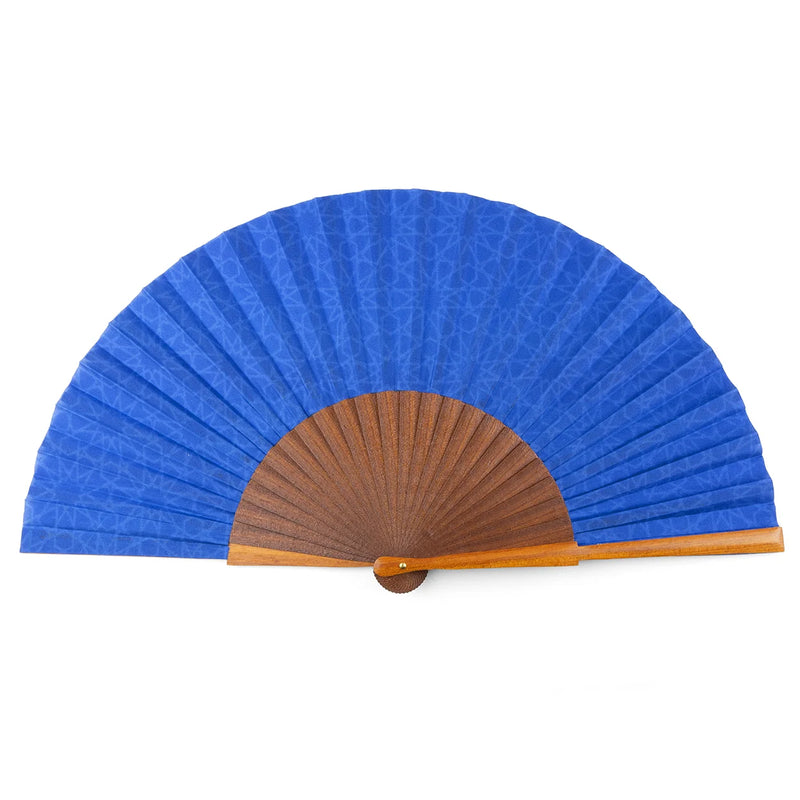 Blue folding fan with real wood and geometric print inspired by islamic art