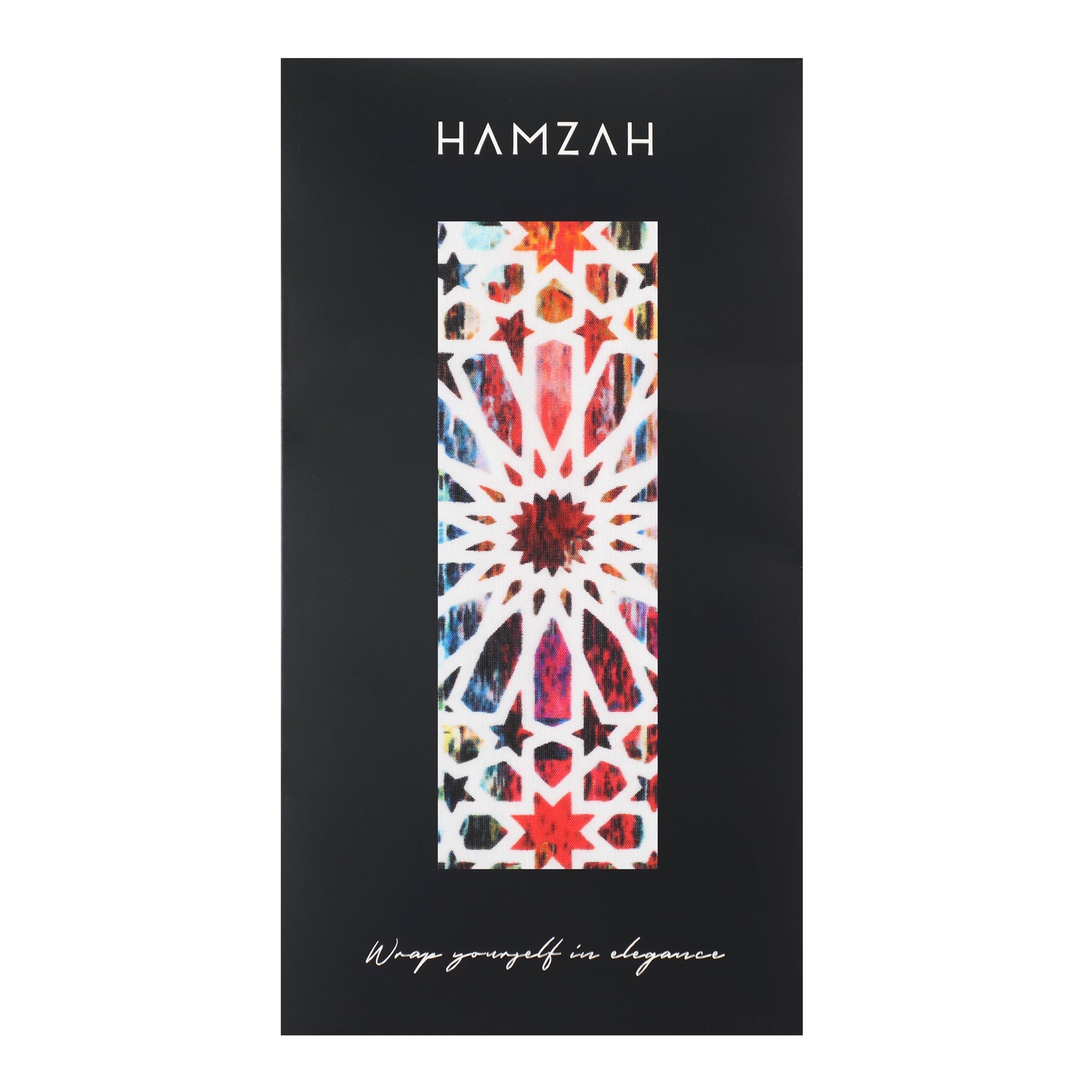 A rectangular black box with HAMZAH at the top, a central window showing the Multicolor Silk Scarf Sakina with vibrant geometric patterns inspired by Islamic art, and Wrap yourself in elegance at the bottom.