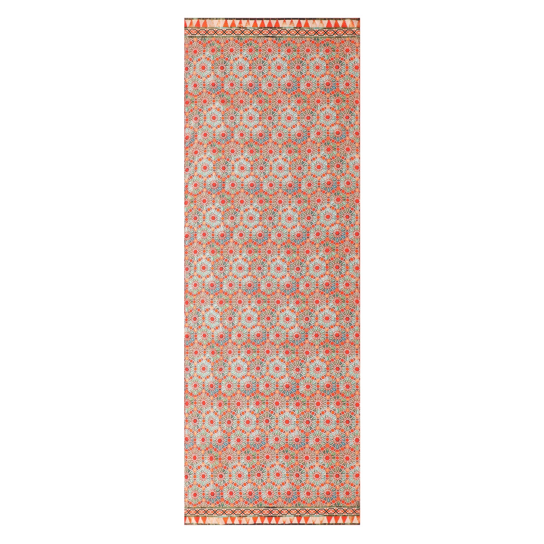 An orange silk scarf with a geometric Zellige print, featuring intricate repeating patterns inspired by Islamic art and bordered by decorative mosaic-like triangular motifs.