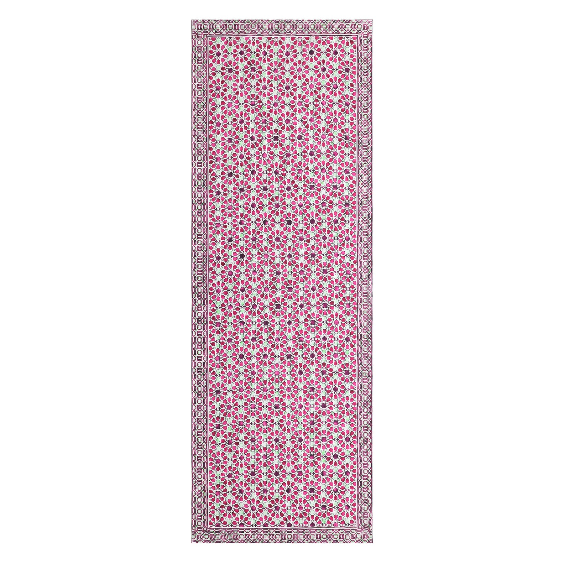 The Long Pink Silk Scarf Fatima features a rectangular shape with vibrant pink and white hues, a symmetrical floral pattern at the center, and an intricate mosaic tile-inspired border for a decorative, elegant look.