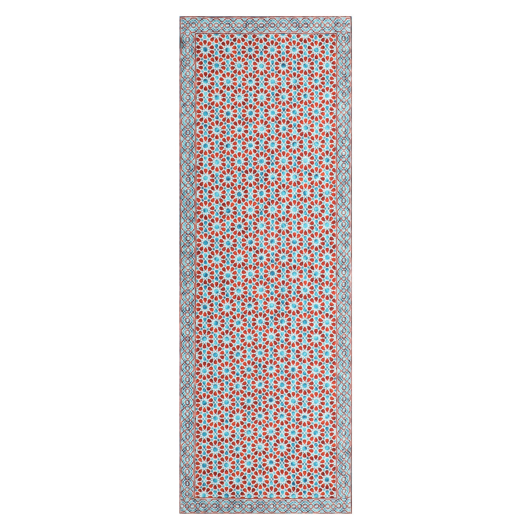 The Brown and Blue Silk Scarf Fatima features geometric patterns inspired by Spanish tiles in rich brown and blue, with a detailed border framing the repeating central motif.