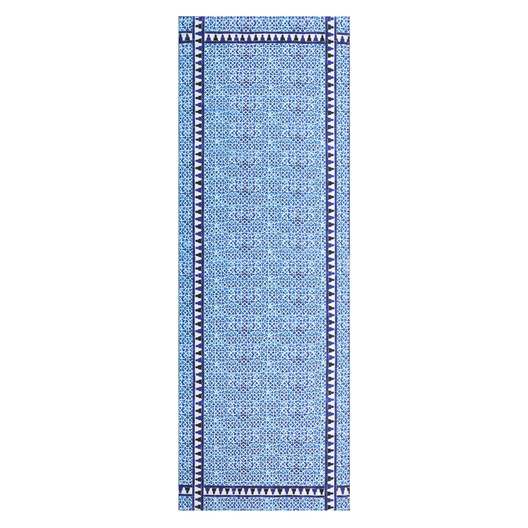 The Oblong Blue Silk Scarf Alcazaba features blue geometric designs inspired by Islamic art, with darker blue and white triangular and diamond motifs along the border, displayed flat on a white background.