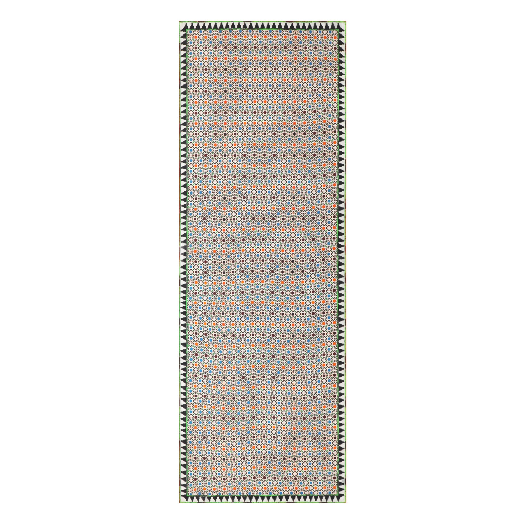 The Colorful Silk Scarf with Geometric Print Nazarí features a vibrant, symmetrical geometric pattern inspired by Islamic art tiles in blue, orange, and white, bordered by green and white zigzags.