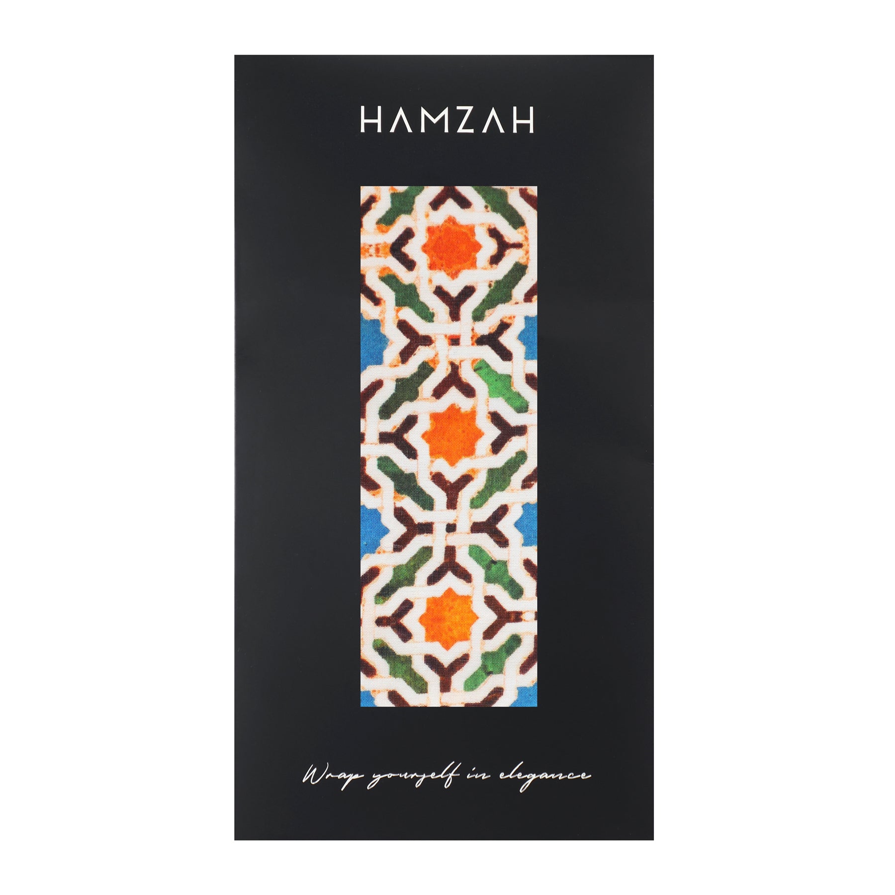 A Colorful Silk Scarf with Geometric Print Nazarí is centered on a black background, with “HAMZAH” above and “Wrap yourself in elegance” below in elegant script, showcasing a design inspired by Islamic art tiles.