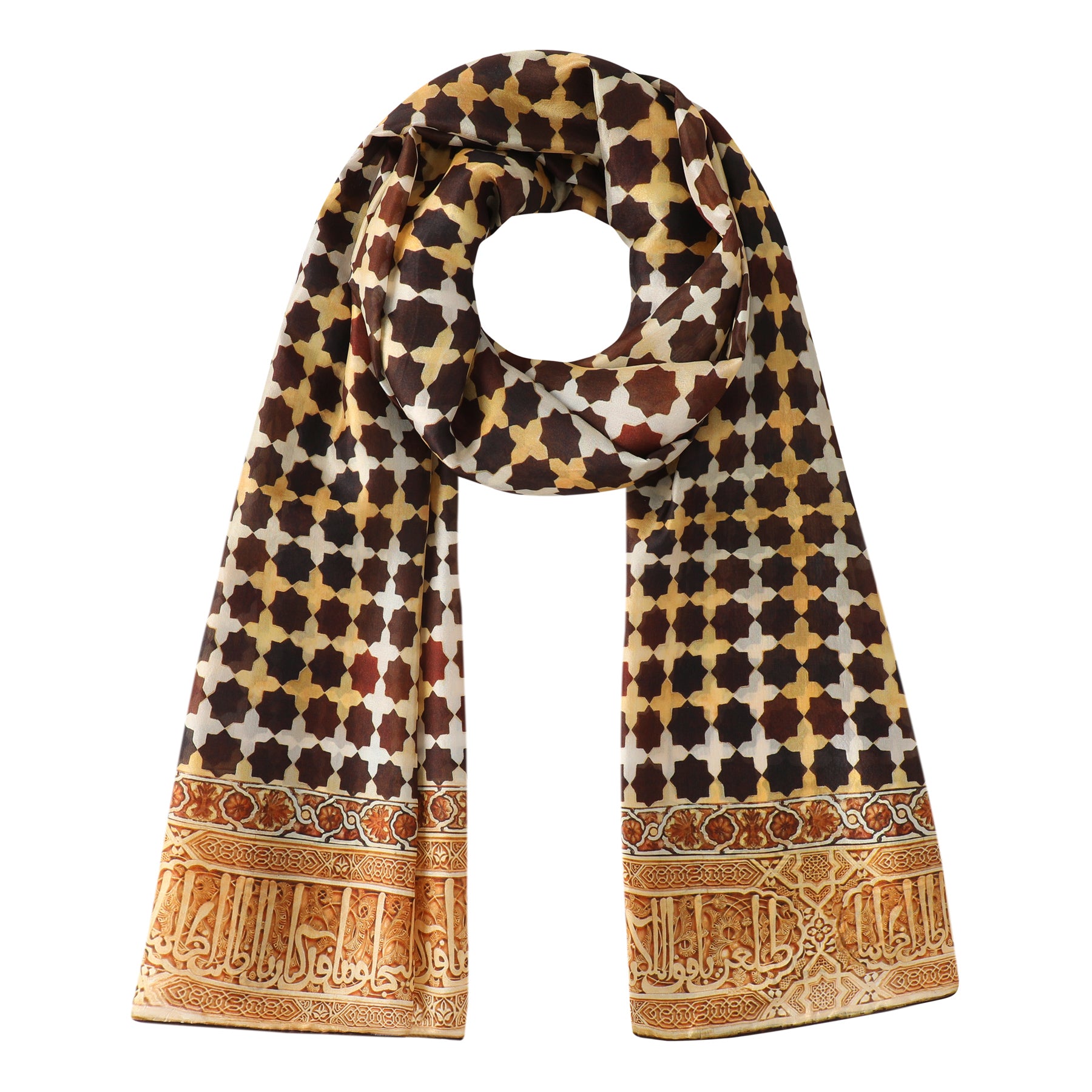 The Brown Large Silk Scarf Andalus features a geometric pattern in brown, beige, and gold, with an ornate Alhambra-inspired border and intricate Arabic calligraphy in gold and light brown along the edges.