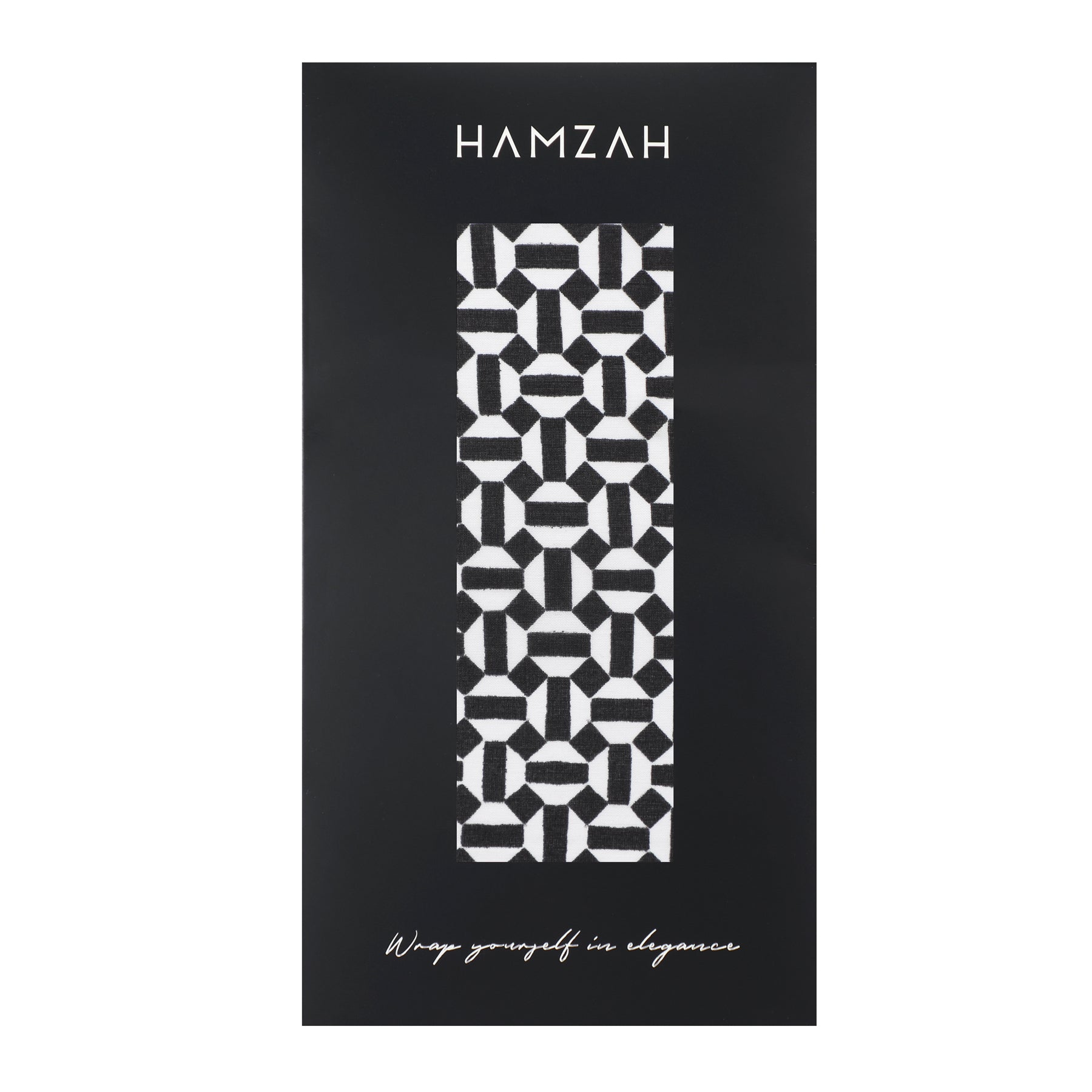 The Black and White Silk Scarf with Geometric Print Aswad is shown vertically on a black background, with “HAMZAH” at the top and “Wrap yourself in elegance” at the bottom.