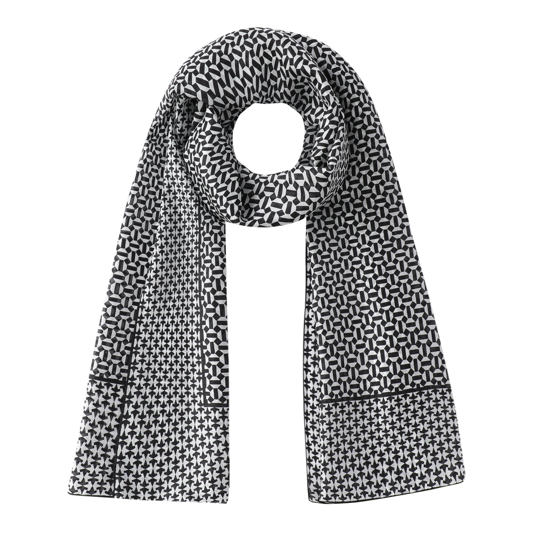 The Black and White Silk Scarf with Geometric Print Aswad features classic houndstooth patterns, beautifully draped in a loop with both ends hanging down.
