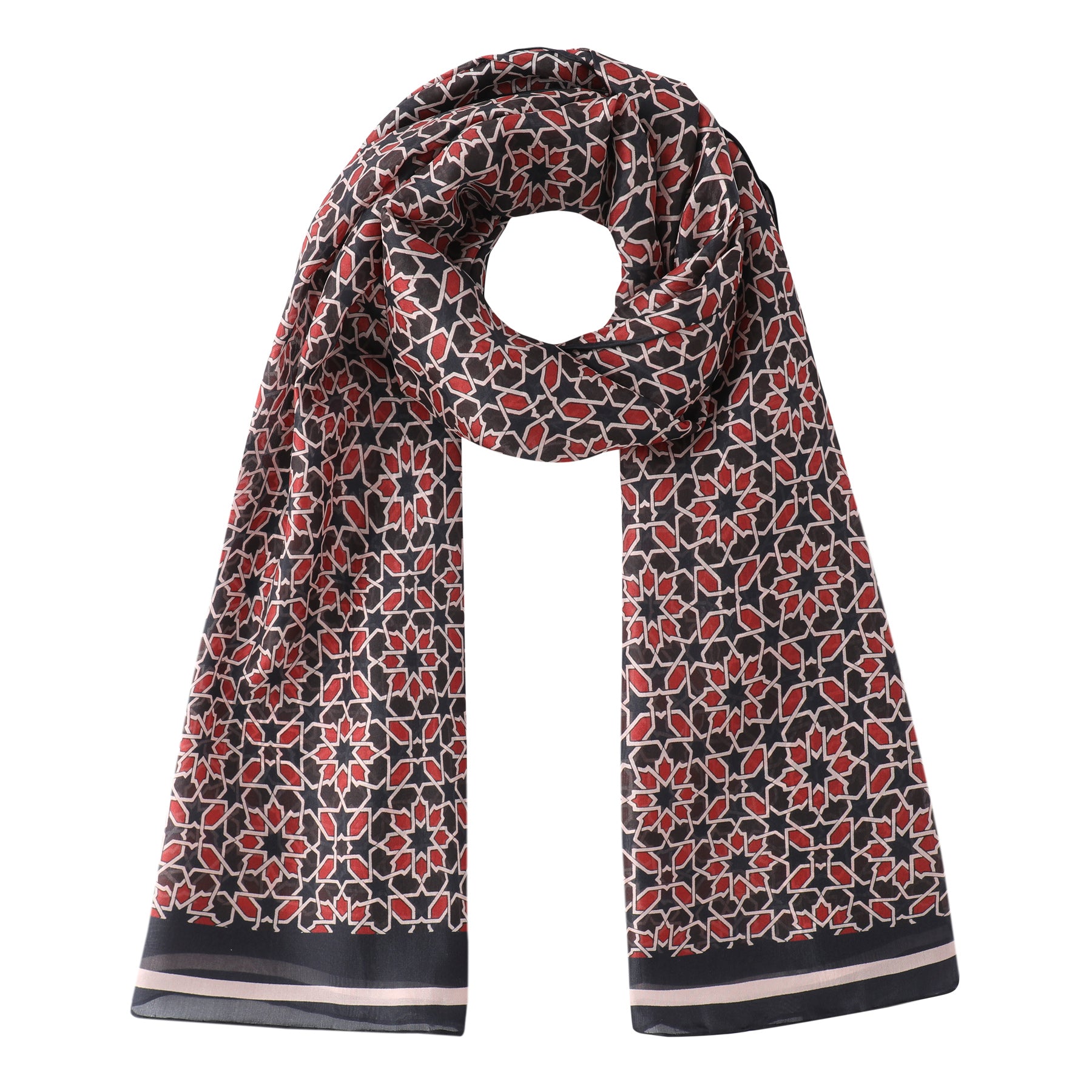 The Red and Blue Silk Scarf Mirath features a black background with abstract red, white, and geometric prints, accented by thin white and grey edge stripes. Its elegantly looped at the top with both ends hanging down.