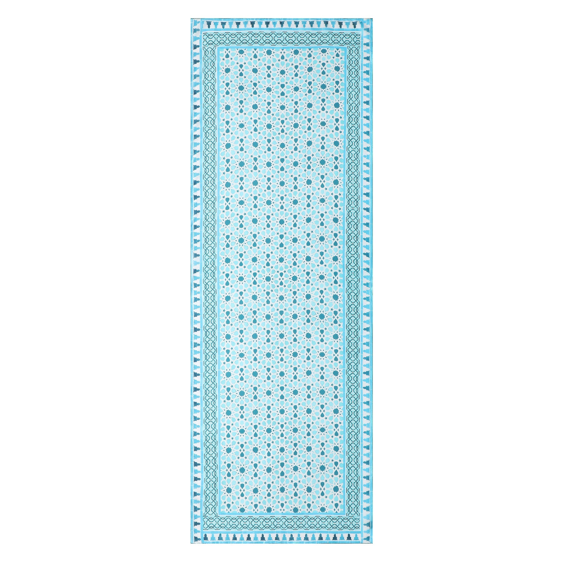 The Light Blue Silk Scarf Partal features an intricate pattern inspired by Islamic mosaic tiles, accented with a decorative border in blue and white.