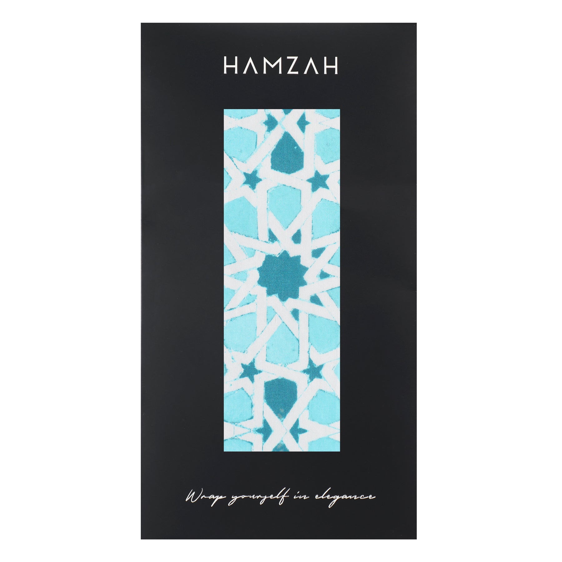 A rectangular box with HAMZAH on top showcases the Light Blue Silk Scarf Partal, featuring a turquoise and white geometric pattern inspired by Islamic mosaic tiles visible through a vertical window. Wrap yourself in elegance appears at the bottom.