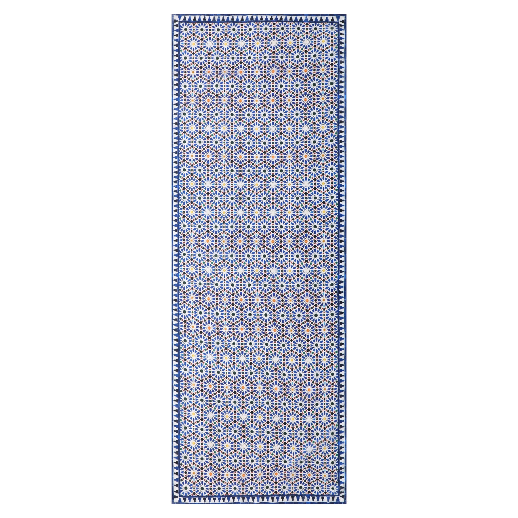 The Islamic Art inspired Silk Scarf Zellige features an intricate geometric pattern in blue, white, and brown, reminiscent of traditional Moroccan zellige tile art.