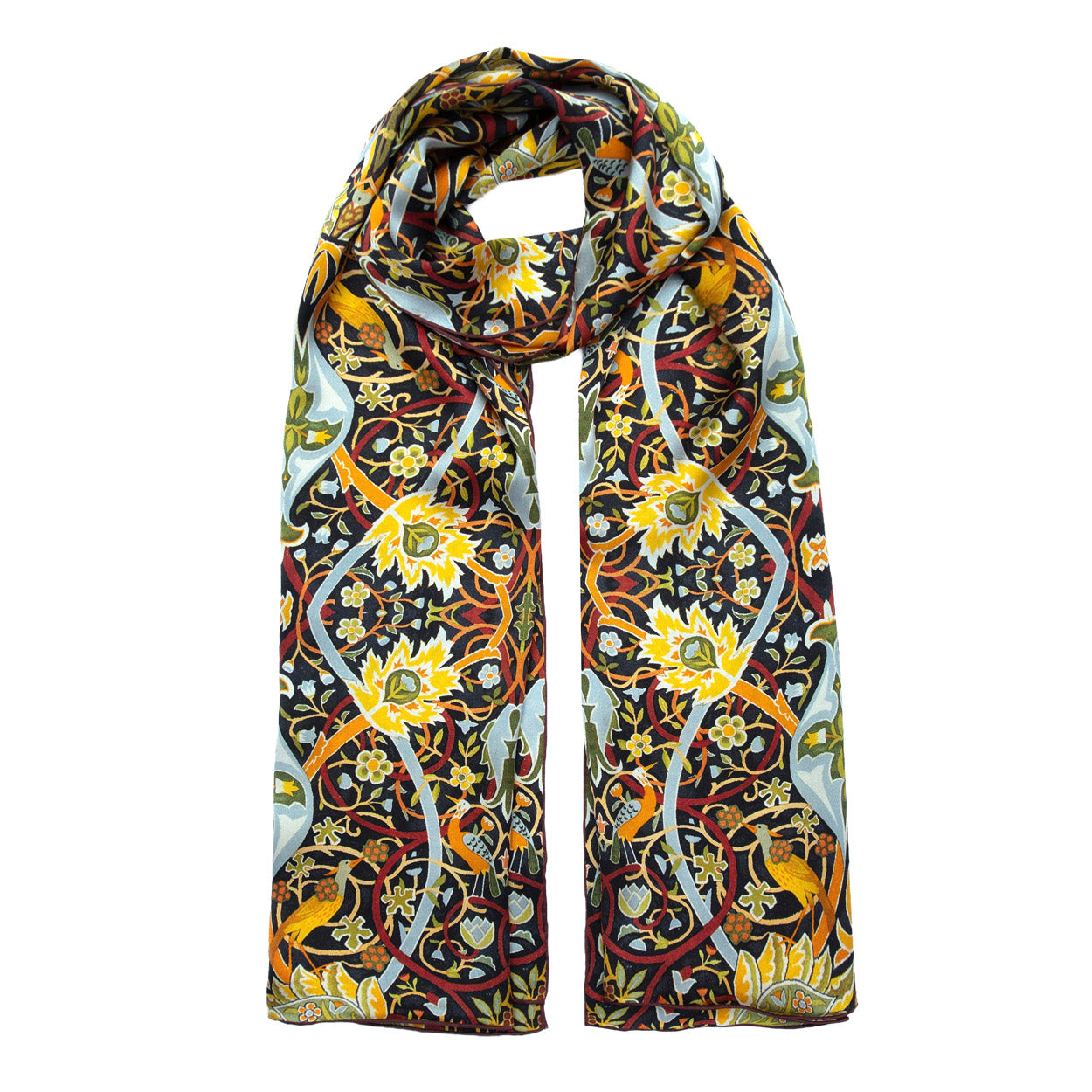 Long silk scarf draped to reveal vibrant flowers, foliage, and bird accents, capturing a timeless vintage aesthetic.