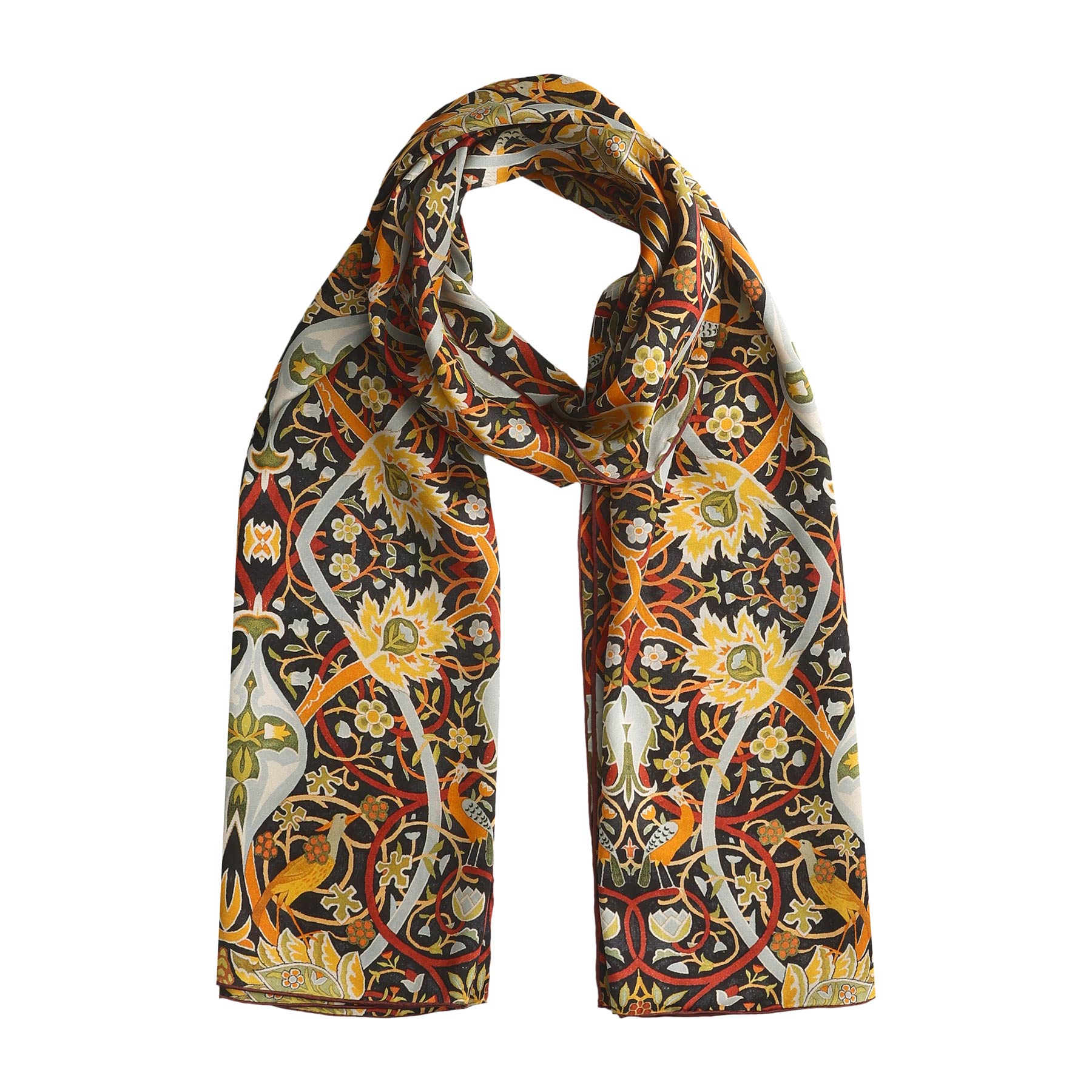 Long silk scarf draped to reveal vibrant flowers, foliage, and bird accents, capturing a timeless vintage aesthetic.