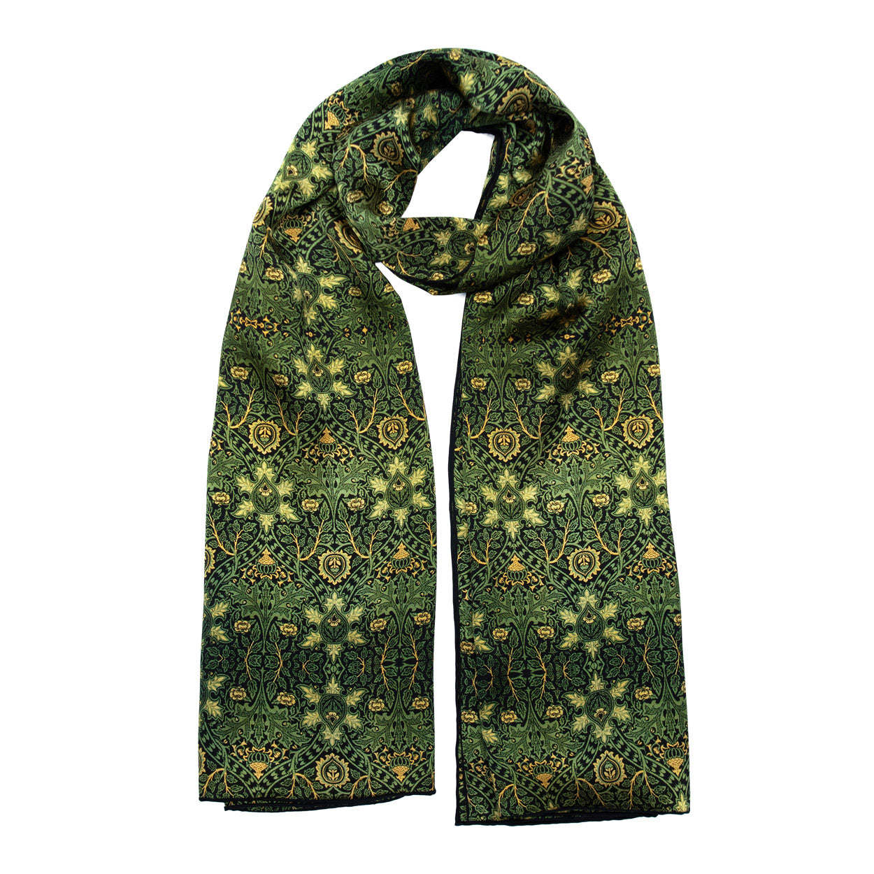 Long green silk scarf draped gracefully, featuring a timeless floral design in golden hues for a refined vintage look.
