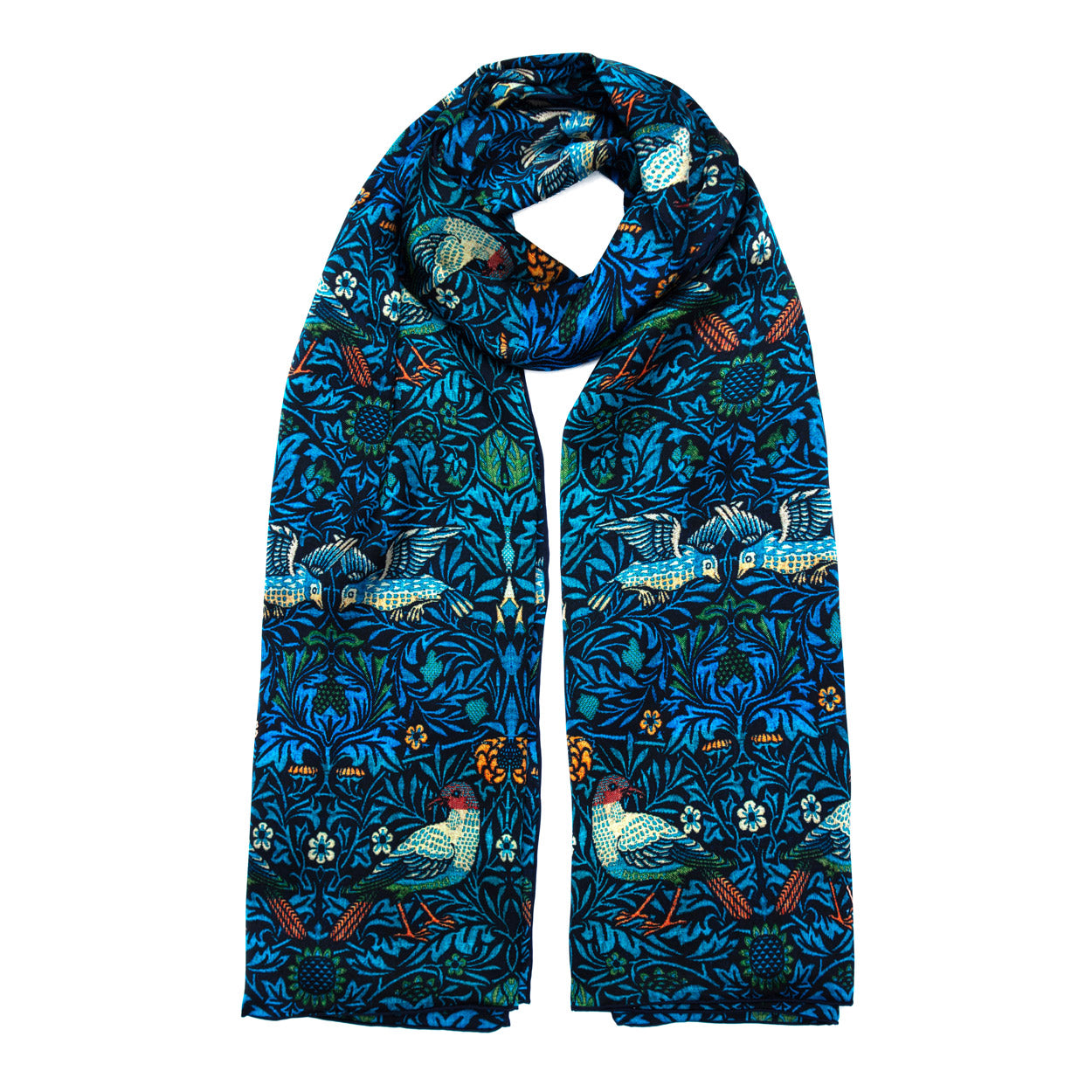 Long blue silk scarf draped neatly, showcasing an elaborate William Morris style pattern of birds and foliage.