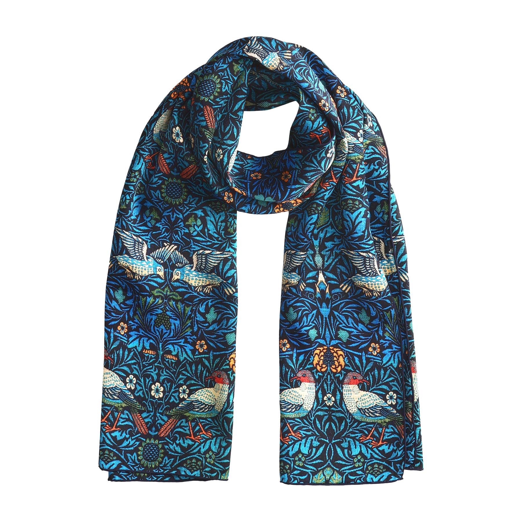 Long blue silk scarf draped neatly, showcasing an elaborate William Morris style pattern of birds and foliage.