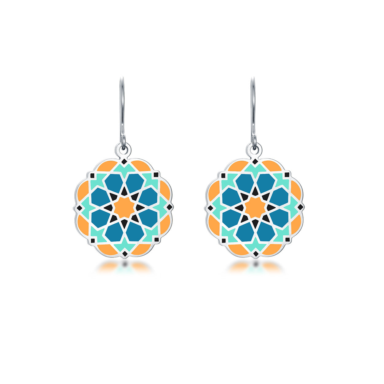Enamel earrings with orange and blue colors inspired by islamic art