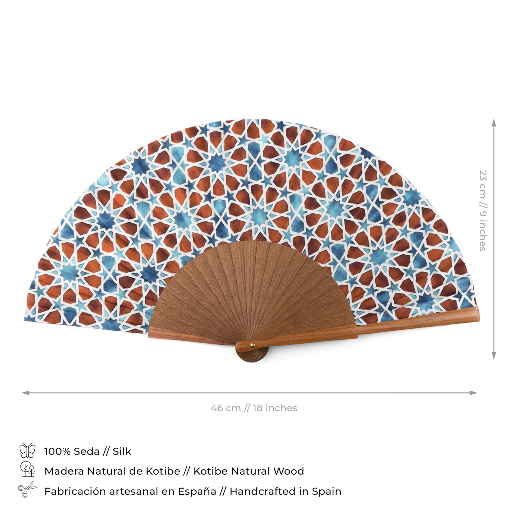 Islamic art inspired blue and brown silk hand fan