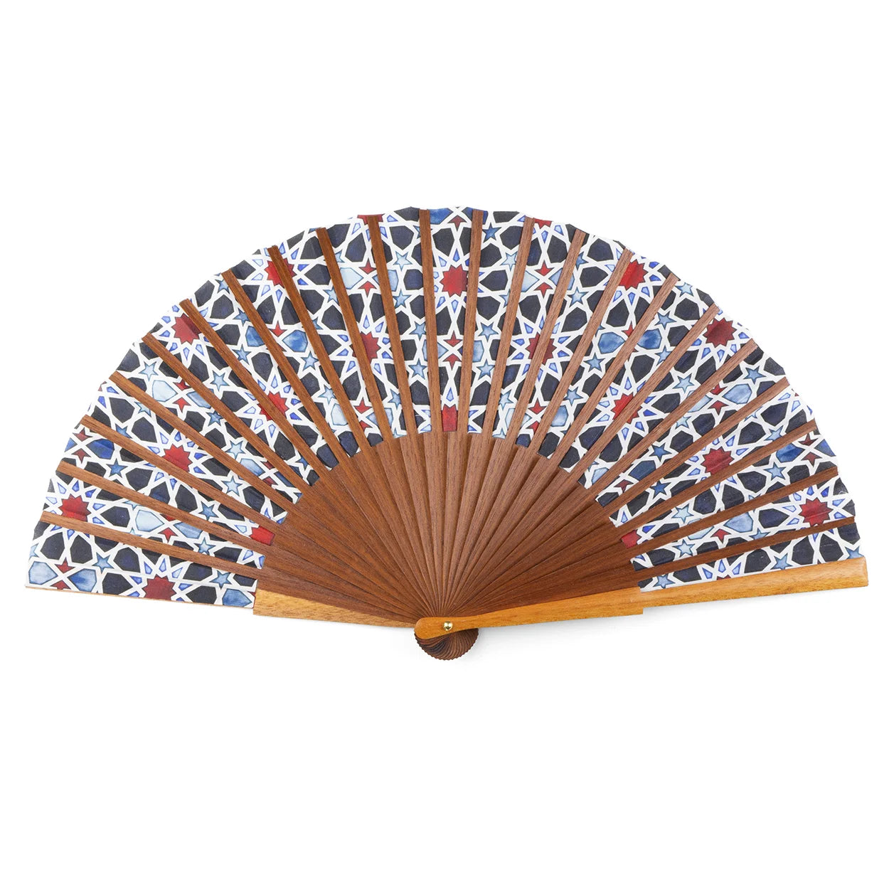 The Multicolored Silk and Wood Fan Inspired by Islamic Art features a wooden base and silk top with a geometric blue, red, and white pattern. When fully opened, it beautifully showcases its intricate, traditional design.