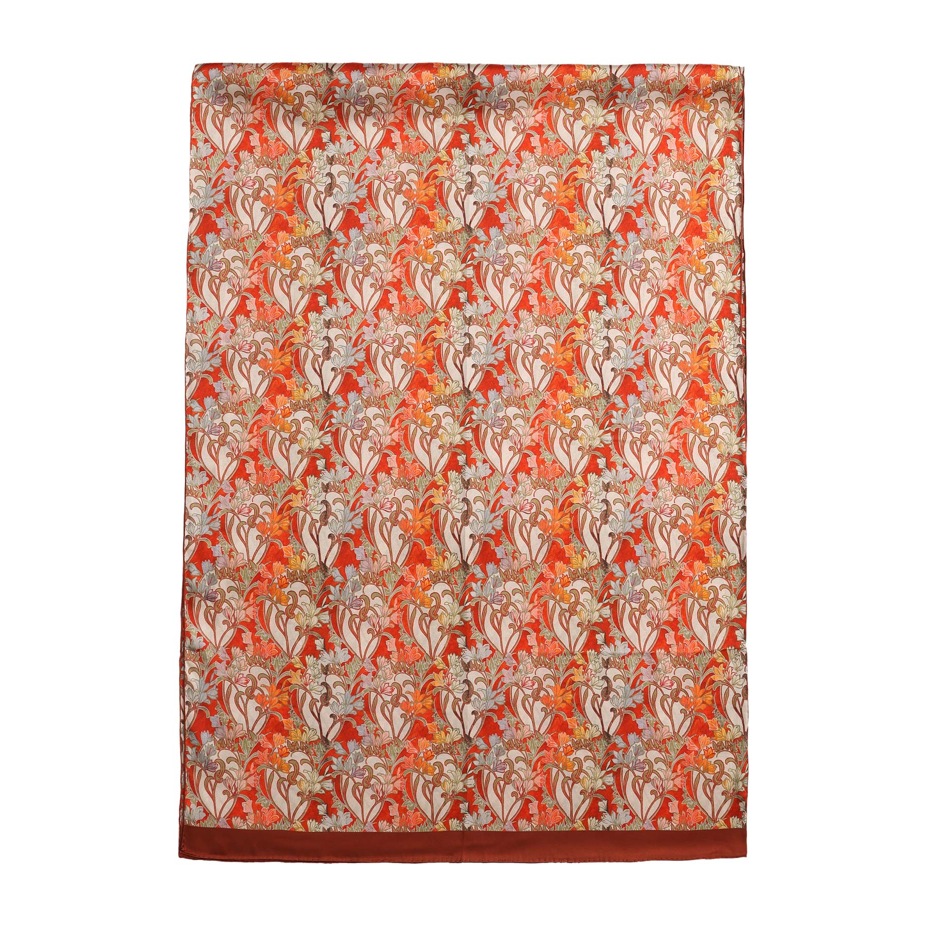 Complete rectangular view of a warm-toned art deco silk scarf, featuring an all-over floral pattern and matching border.