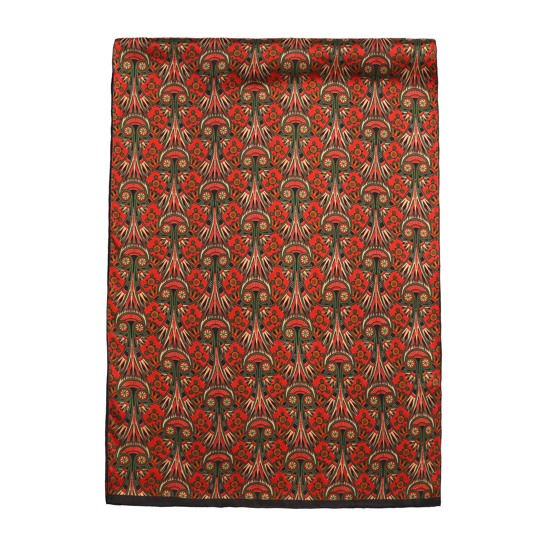 Full rectangular view of a red art nouveau scarf with vibrant green and gold ornamental motifs and a contrasting dark border