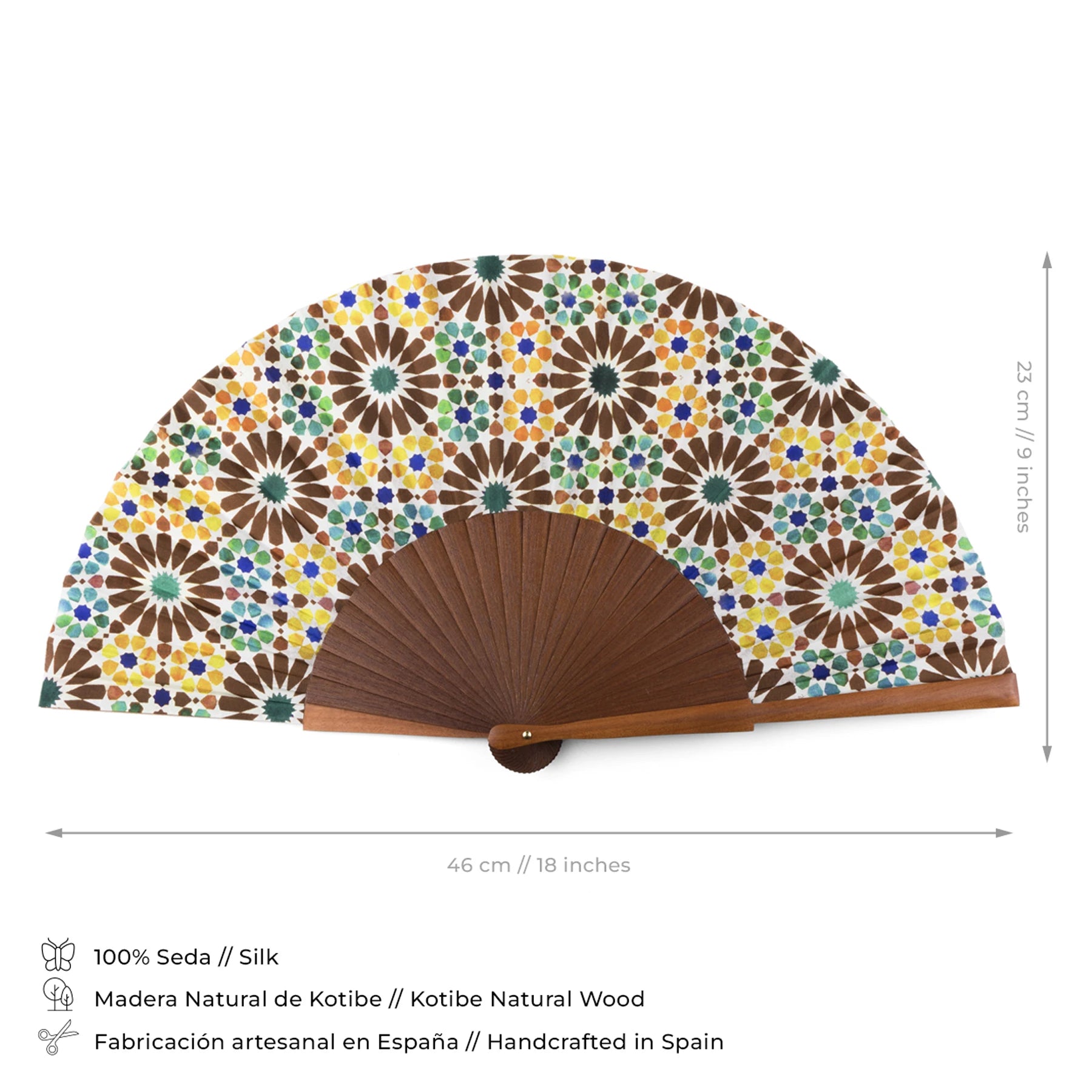 Details and composition of brown and yellow silk fan inspired by the tiles from the Alhambra of Granada