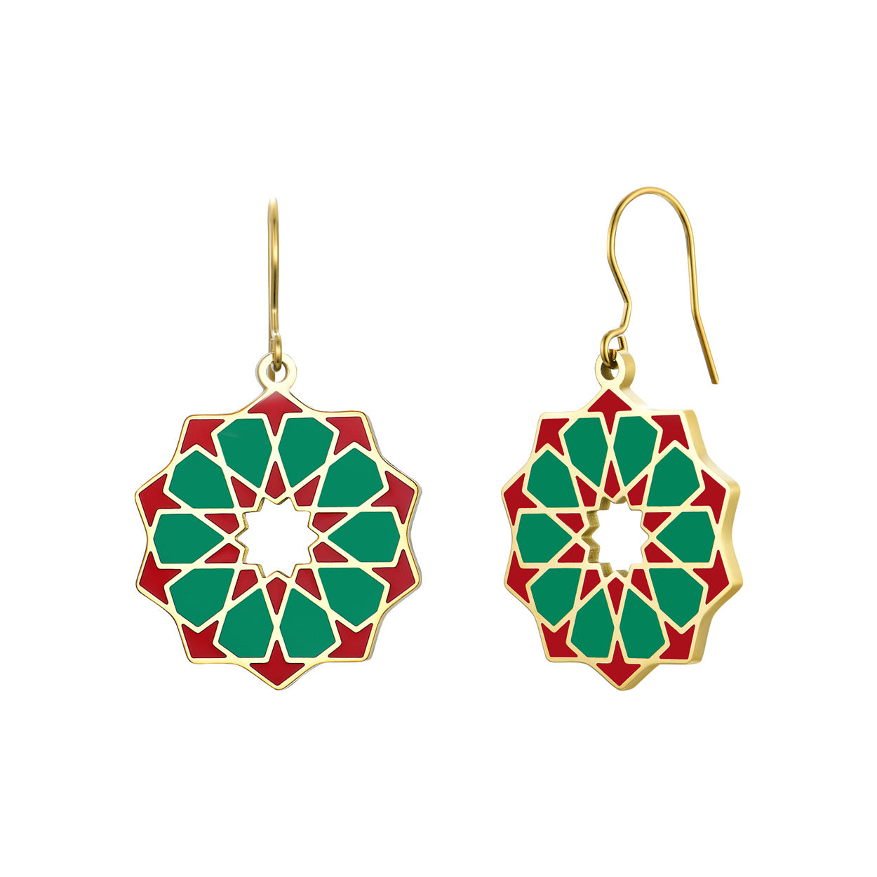 Green, red and gold enamel earrings inspired by islamic art