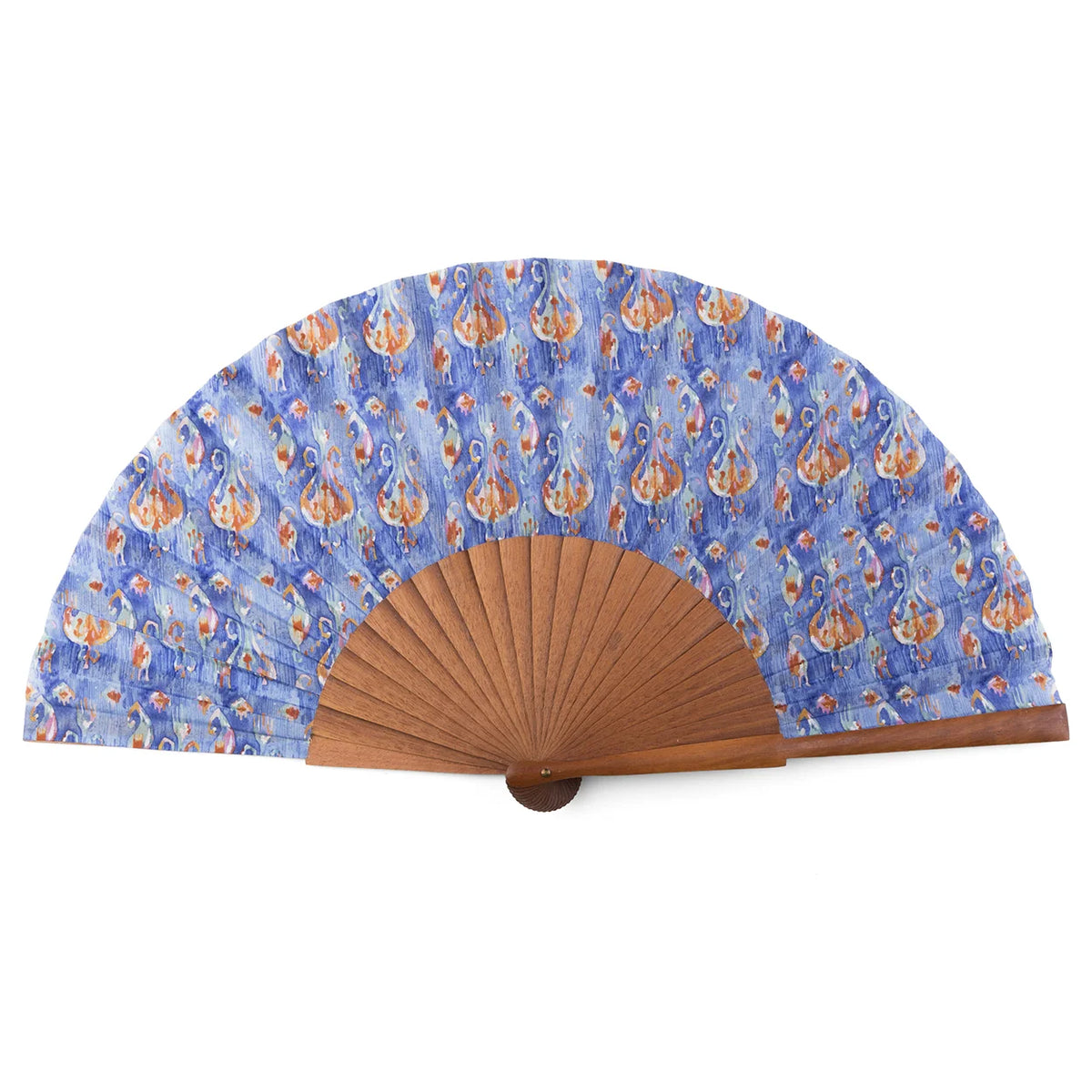 Handcrafted Ikat-Inspired Silk & Wood Fan – Blue and Orange | Munira