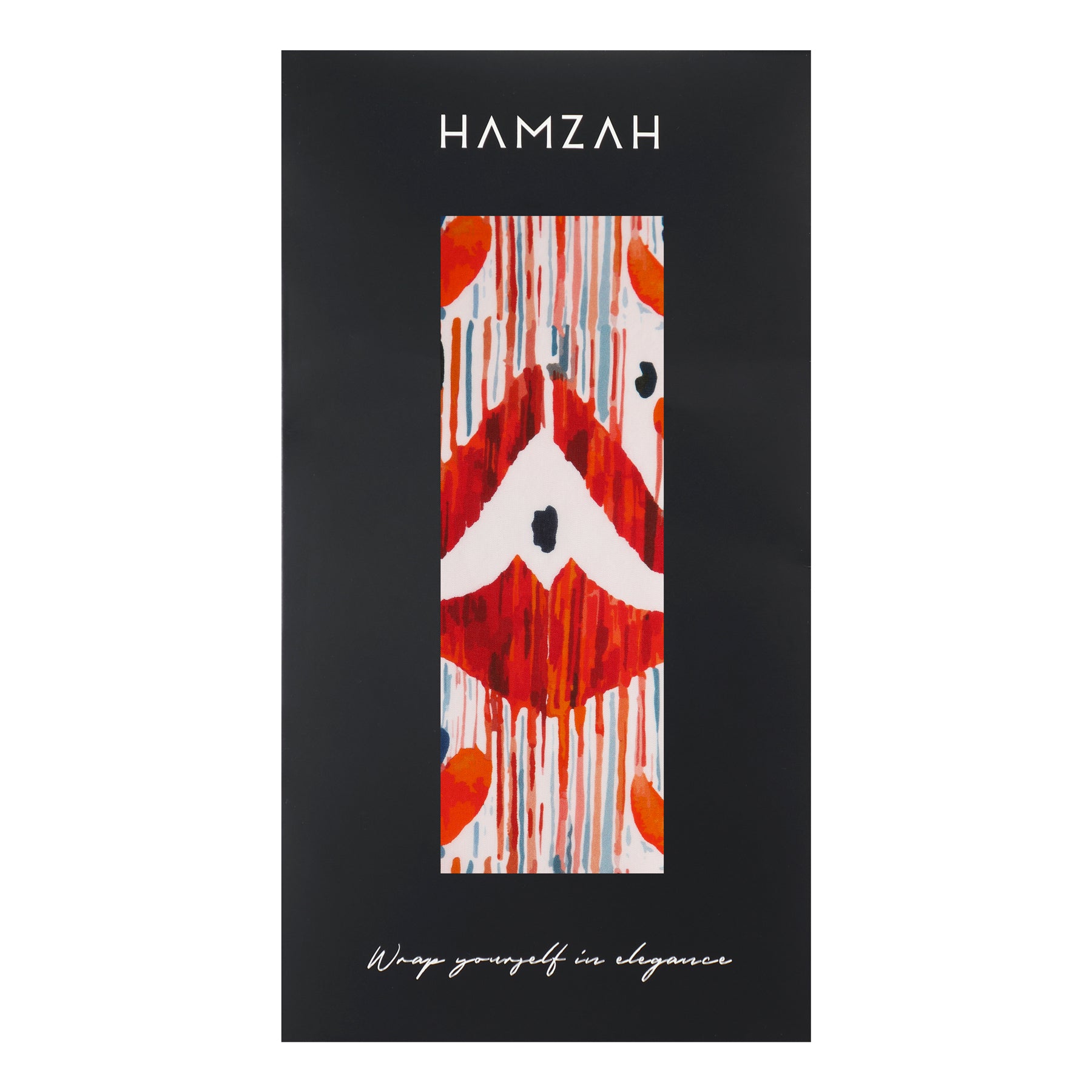 A rectangular package with HAMZAH at the top features a vibrant Indonesian-inspired red, blue, orange, and white ikat design. At the bottom: Wrap yourself in elegance. Product: Red and Blue Silk Scarf with Ikat Print.