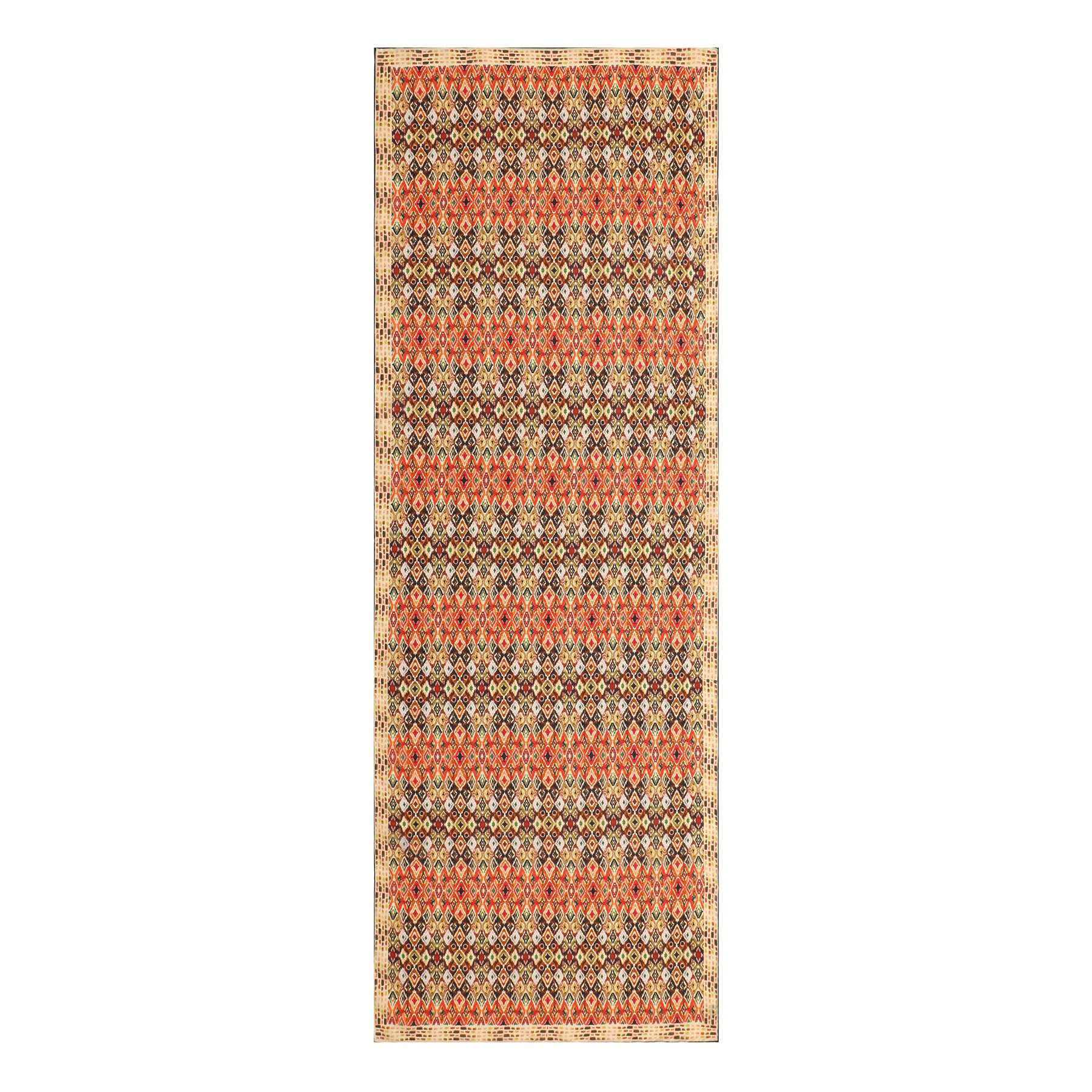 A Multicolor Silk Scarf featuring an Ikat ethnic print in red, orange, beige, and brown with a thin decorative border is shown against a white background.
