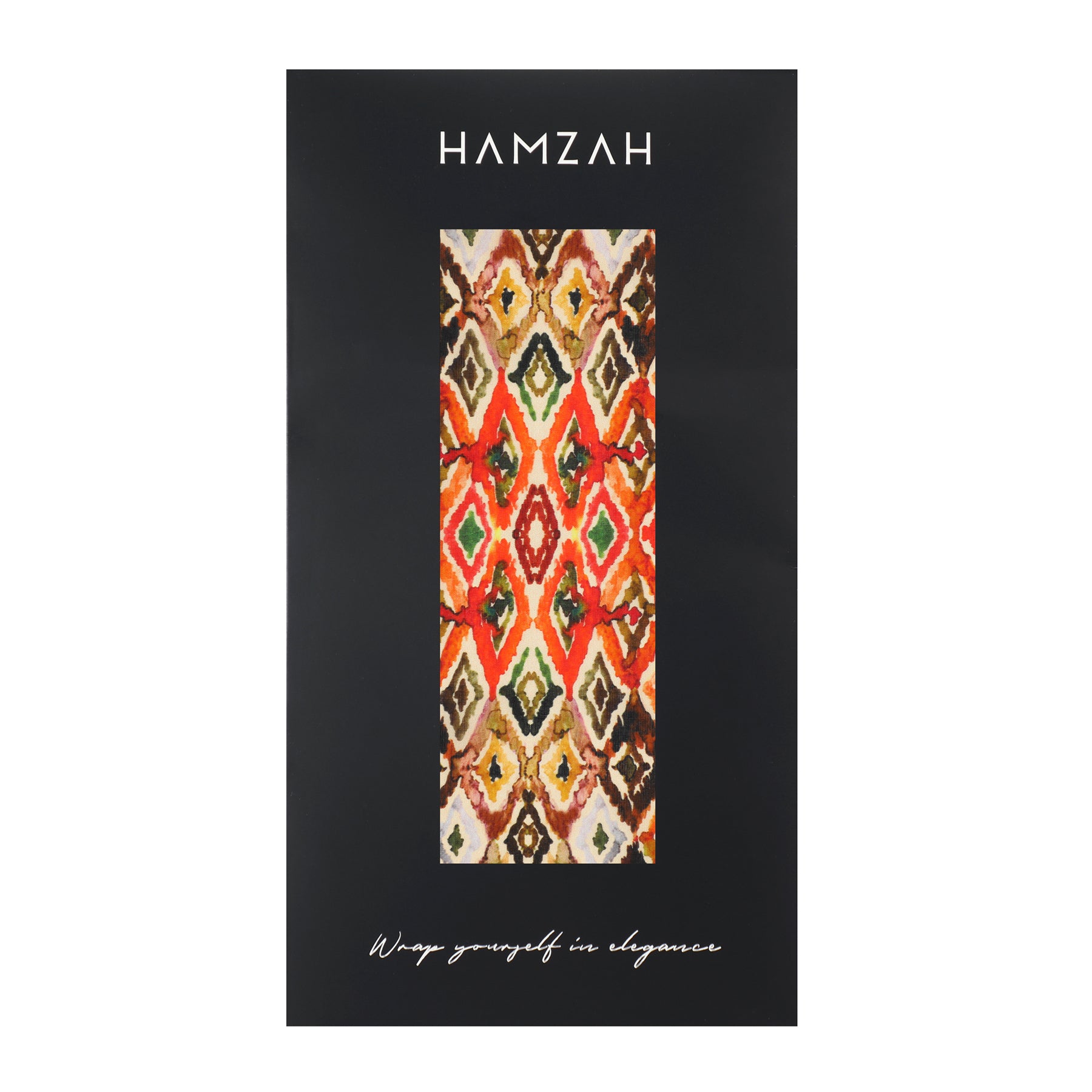 A rectangular box with HAMZAH at the top, a colorful Ikat Ethnic Print in the center, and Wrap yourself in elegance at the bottom—perfect for presenting the Multicolor Silk Scarf featuring Ikat Ethnic Print on a black background.