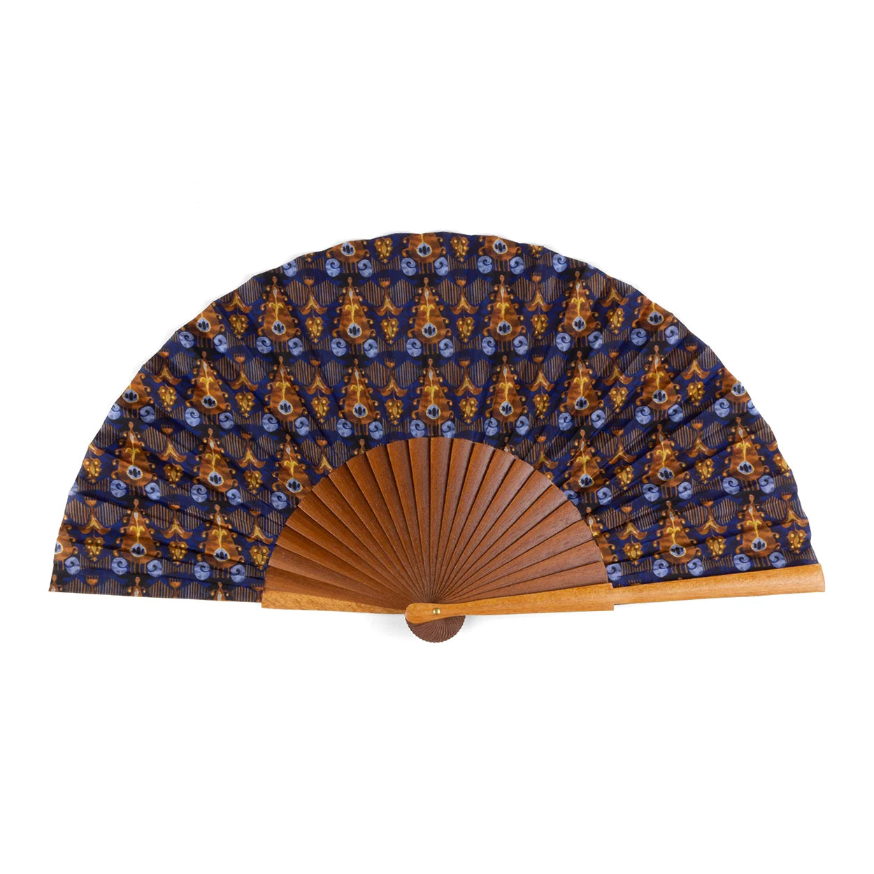 Handcrafted blue and brown silk fan made from 100% silk with Bocapi wood, fully opened to showcase the Ikat-inspired design.