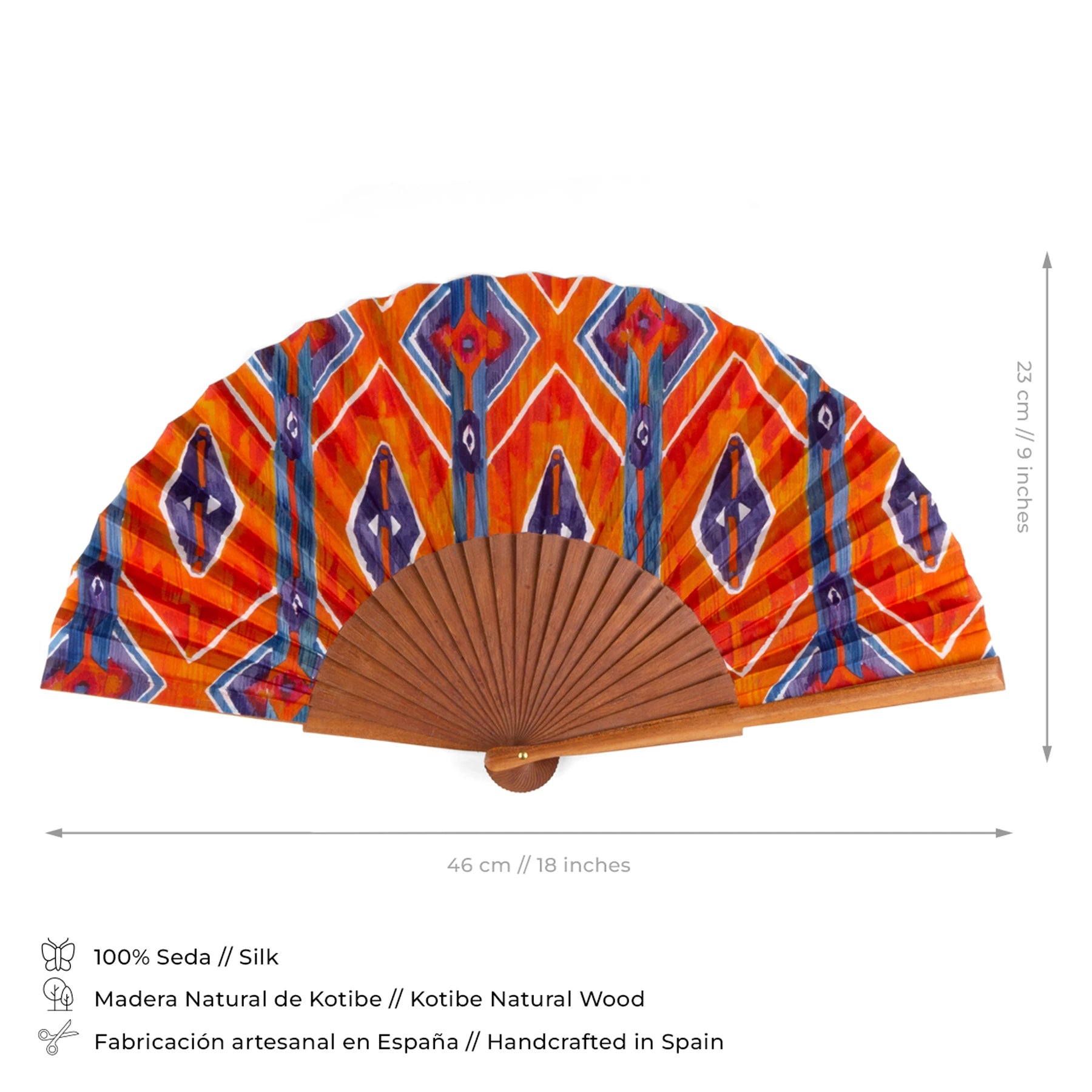 The Ikat-inspired silk fan with detailed dimensions, made with Bocapi wood and silk, handmade in Spain.