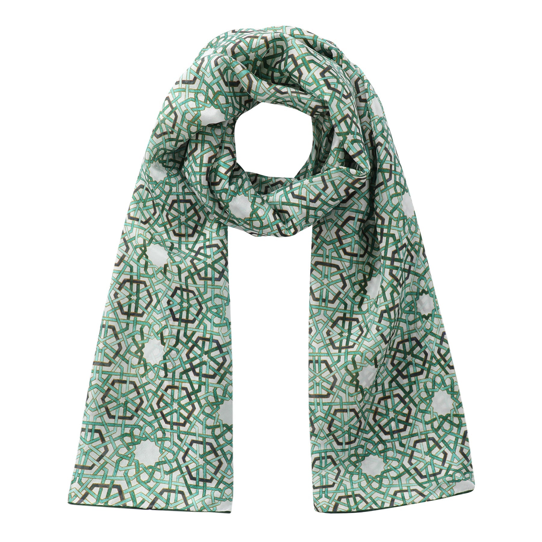 The Green Islamic Art Tessellation Silk Scarf Hijaz V2 by Hamzah is elegantly draped, featuring a captivating geometric design with interlocking shapes and a symmetrical layout, all in green and white silk.
