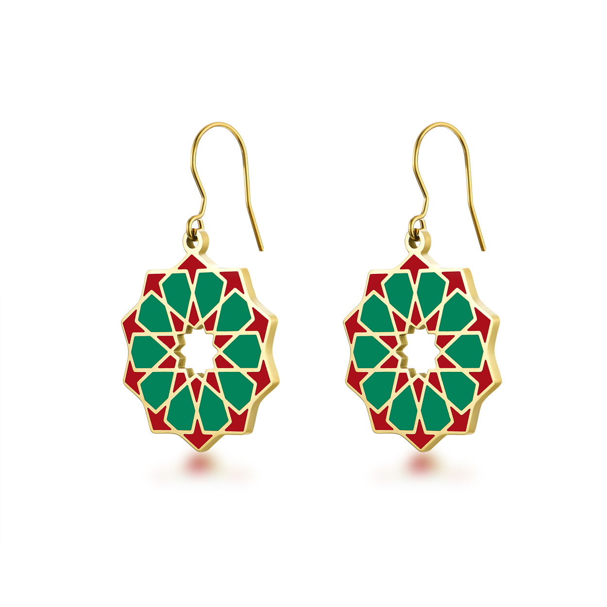 Islamic art inspired green, red and gold enamel earrings