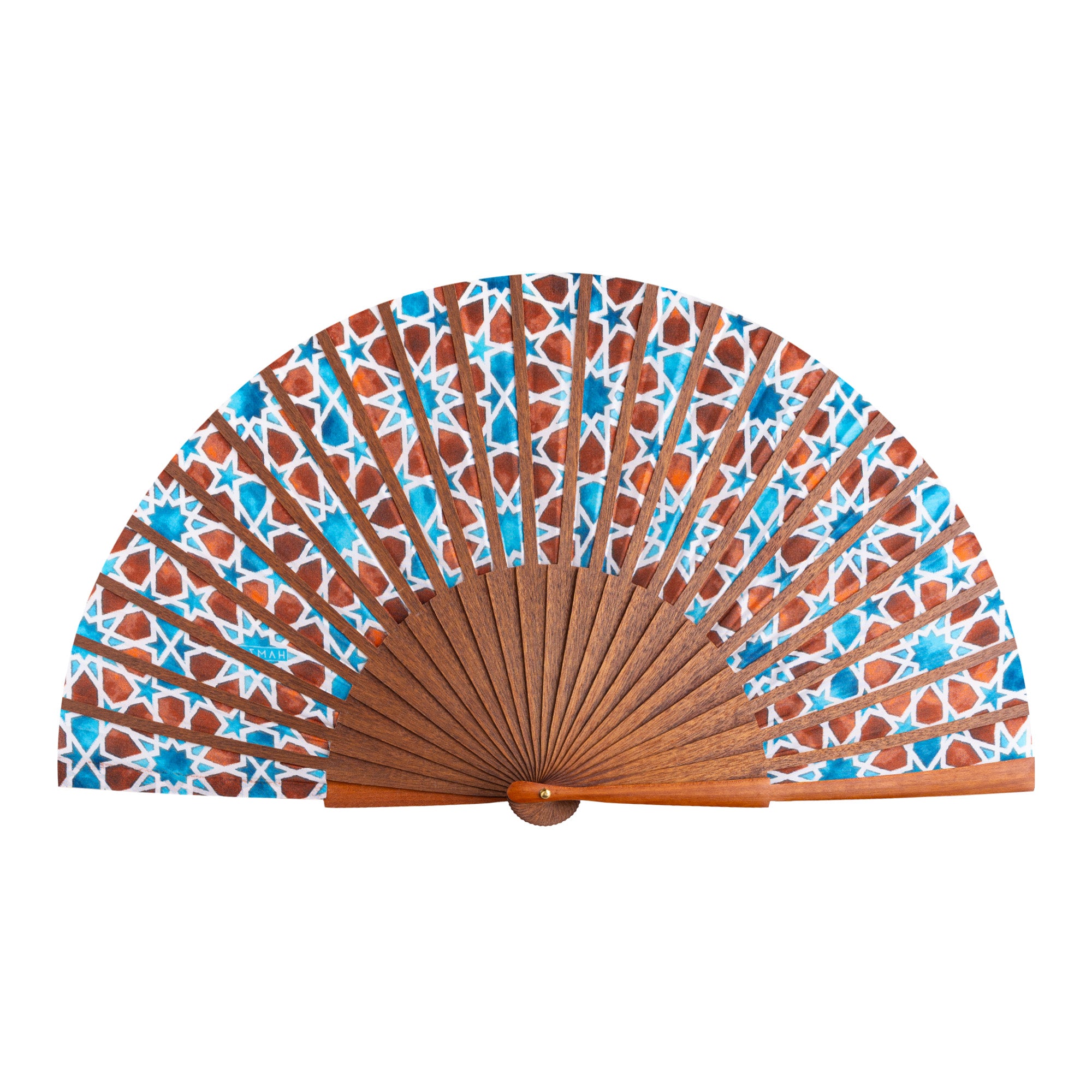 Brown & Blue Silk Fan Inspired by Islamic Art