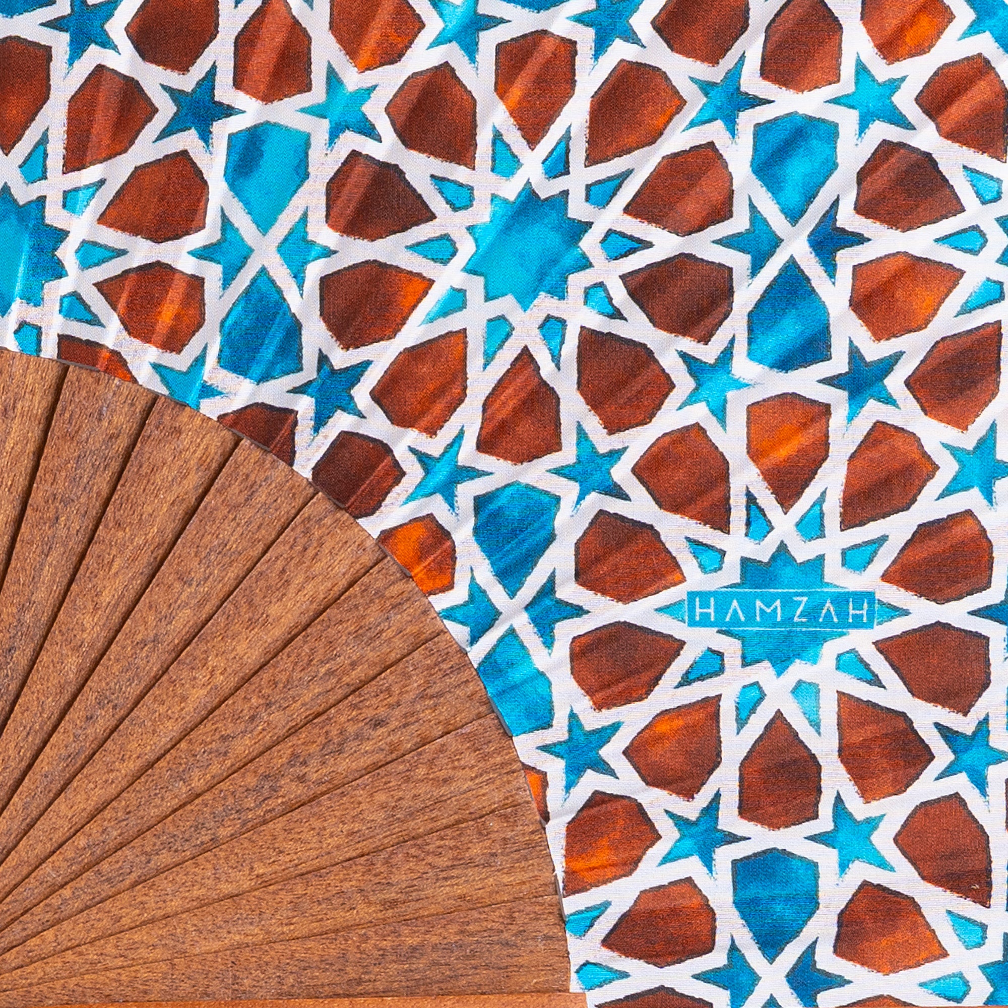 Brown & Blue Silk Fan Inspired by Islamic Art