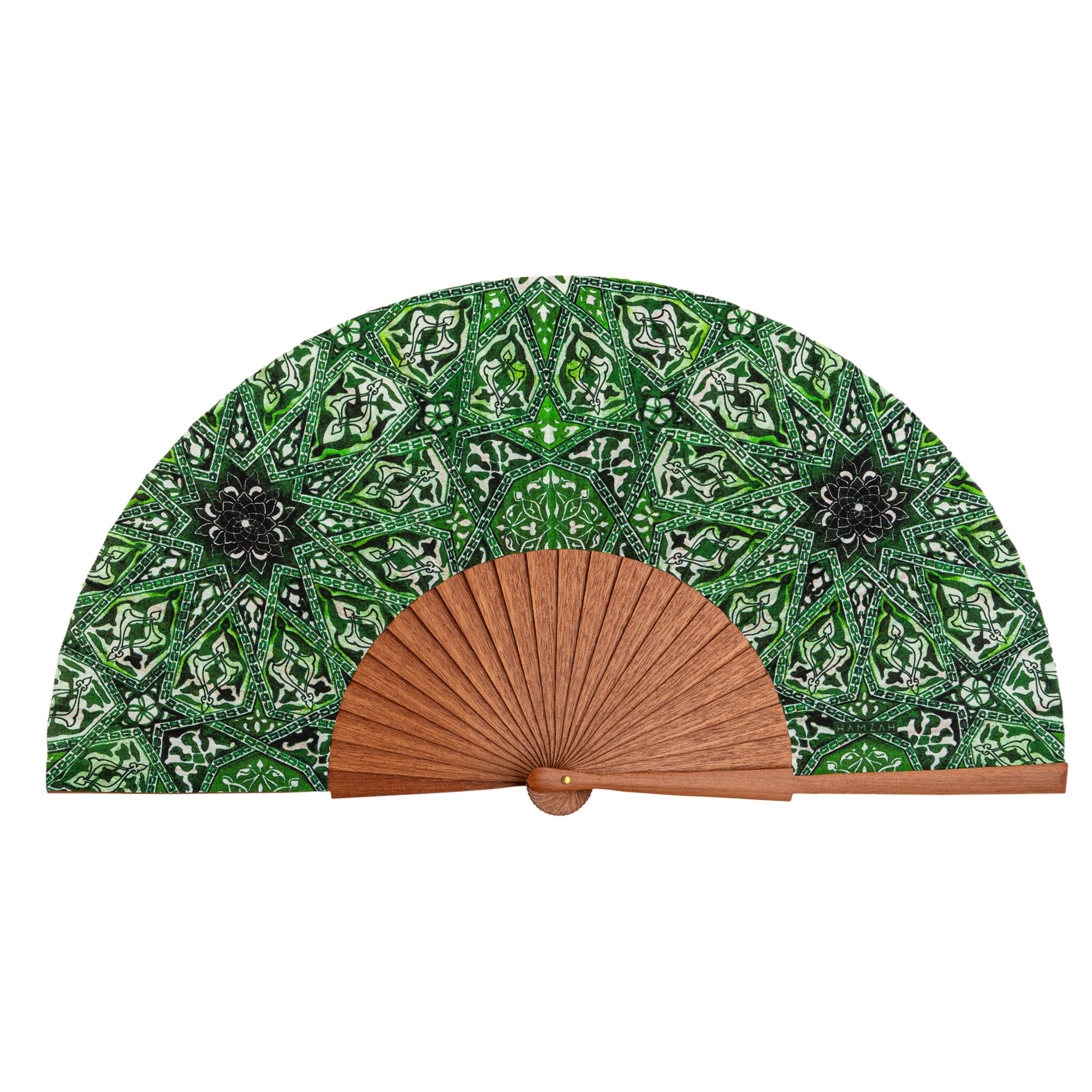 Green silk hand fan with wood Turkish