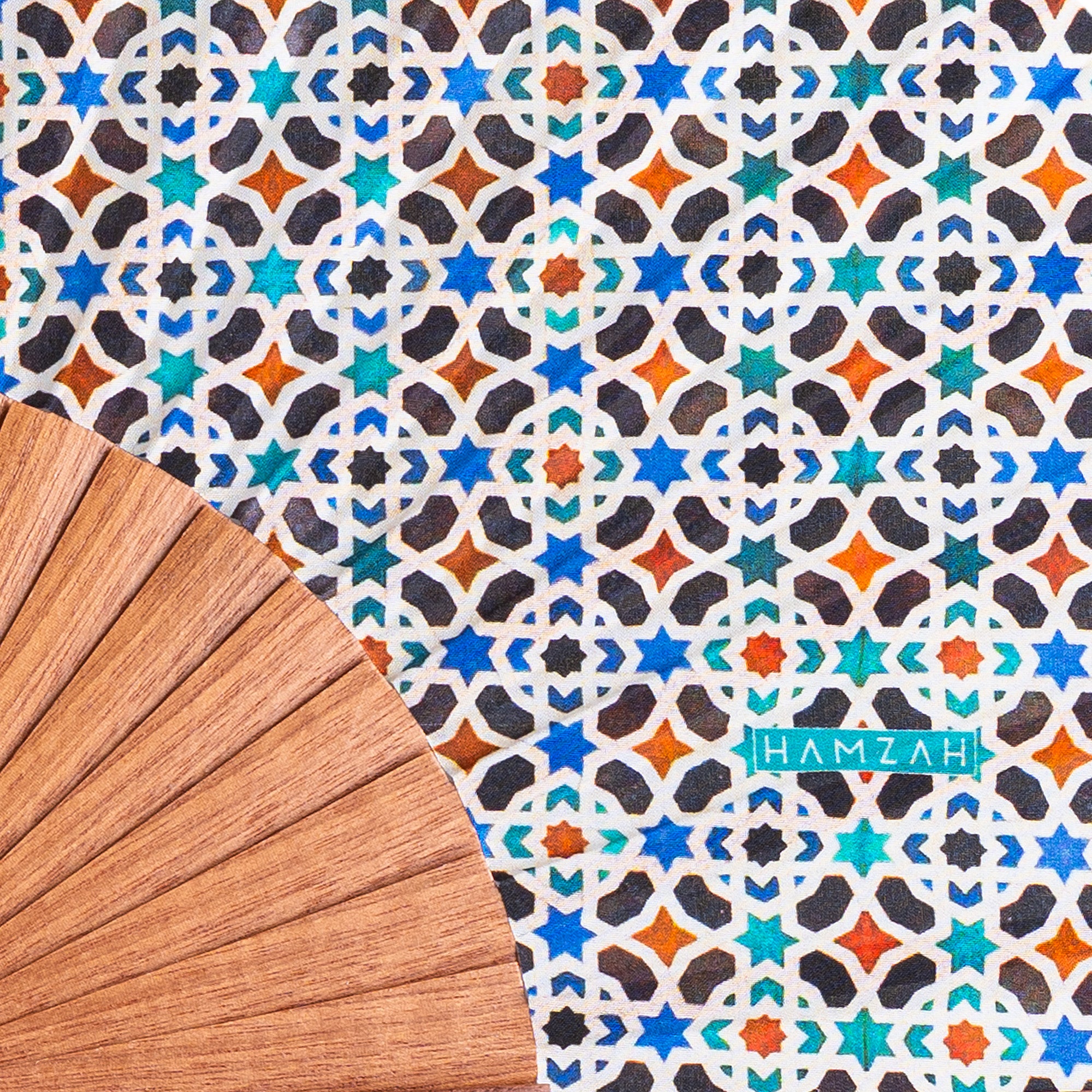 Islamic geometry inspired silk hand fan Malaqa