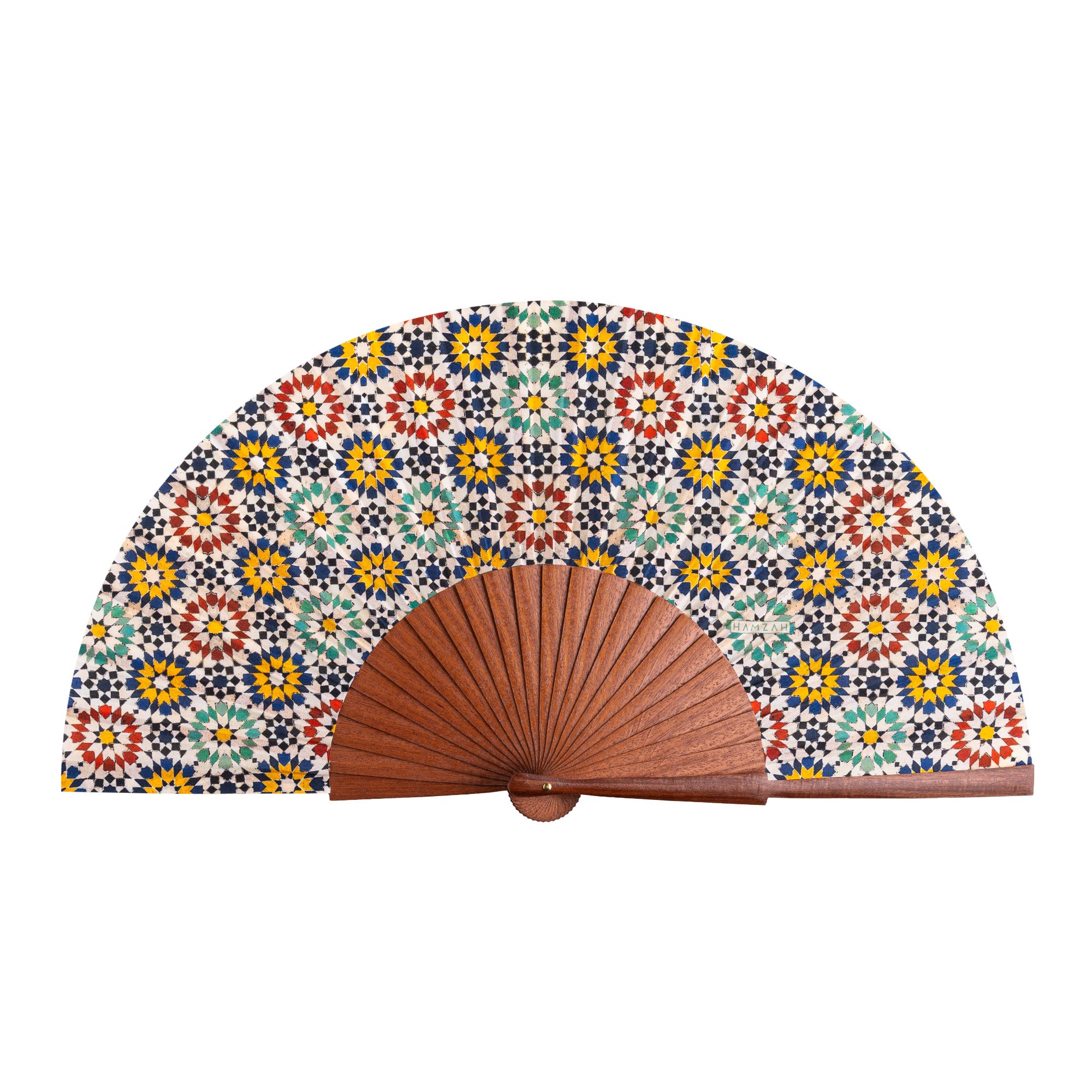 Moroccan tiles inspired Silk & Wood hand fan Fezi