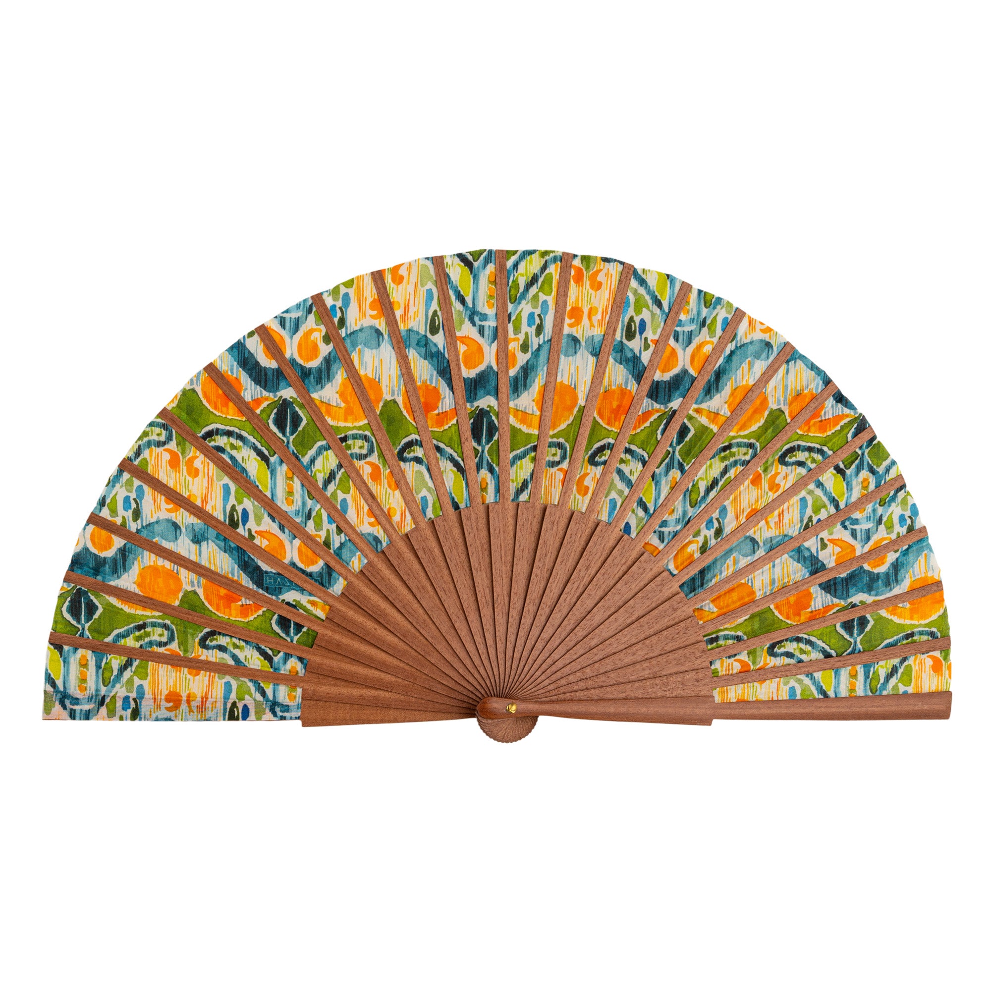 Abanico Seda y Madera Verde y Naranja Ikat