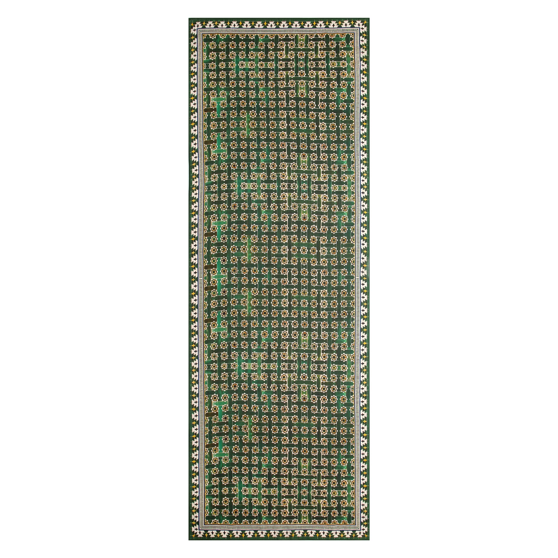 A rectangular green prayer rug with gold, white, and beige geometric and floral patterns, bordered by decorative motifs.