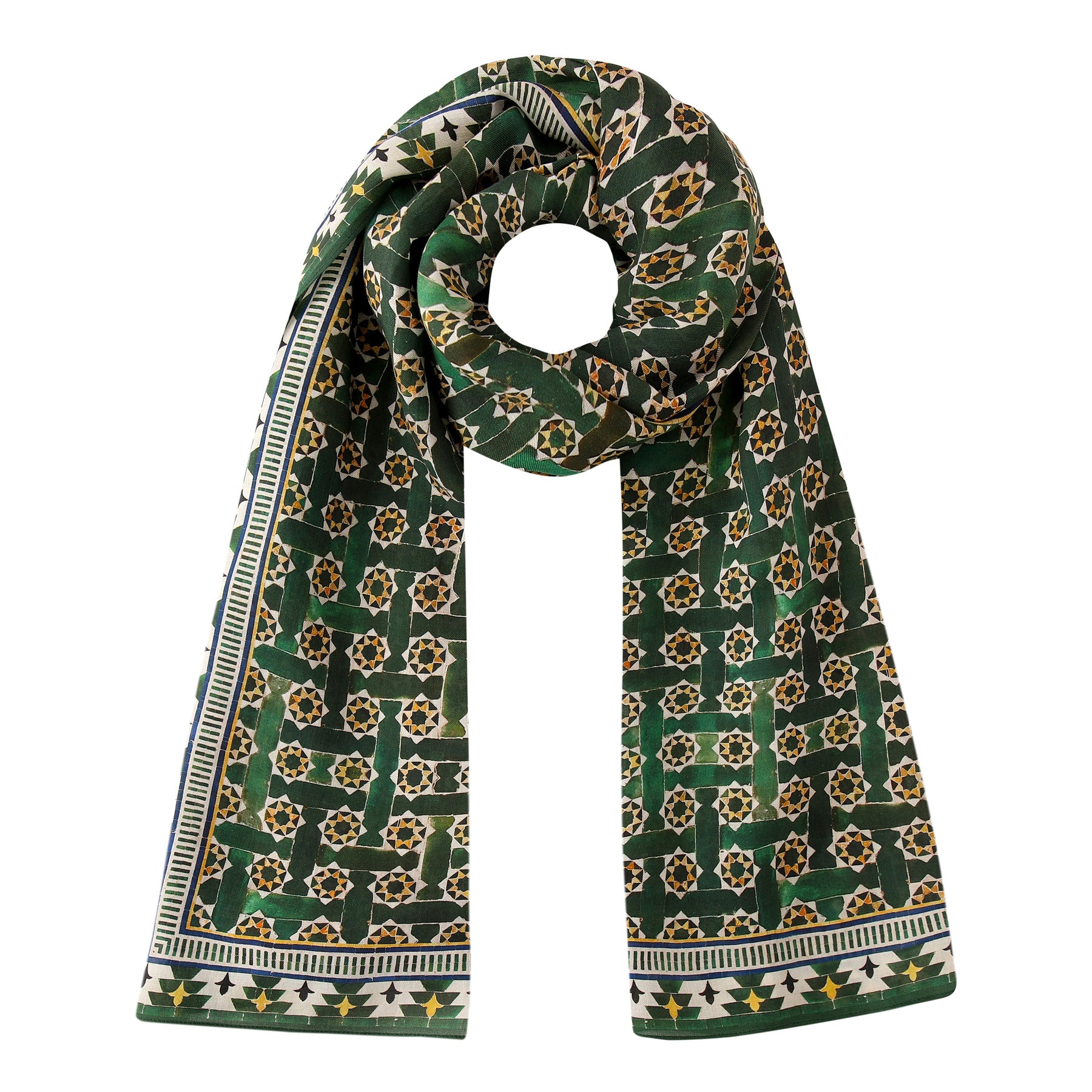 The Green Modal Scarf for Women Andalusí features an intricate beige and white geometric pattern with borders inspired by Islamic art, neatly looped in a circle with decorative stripes and hanging ends.